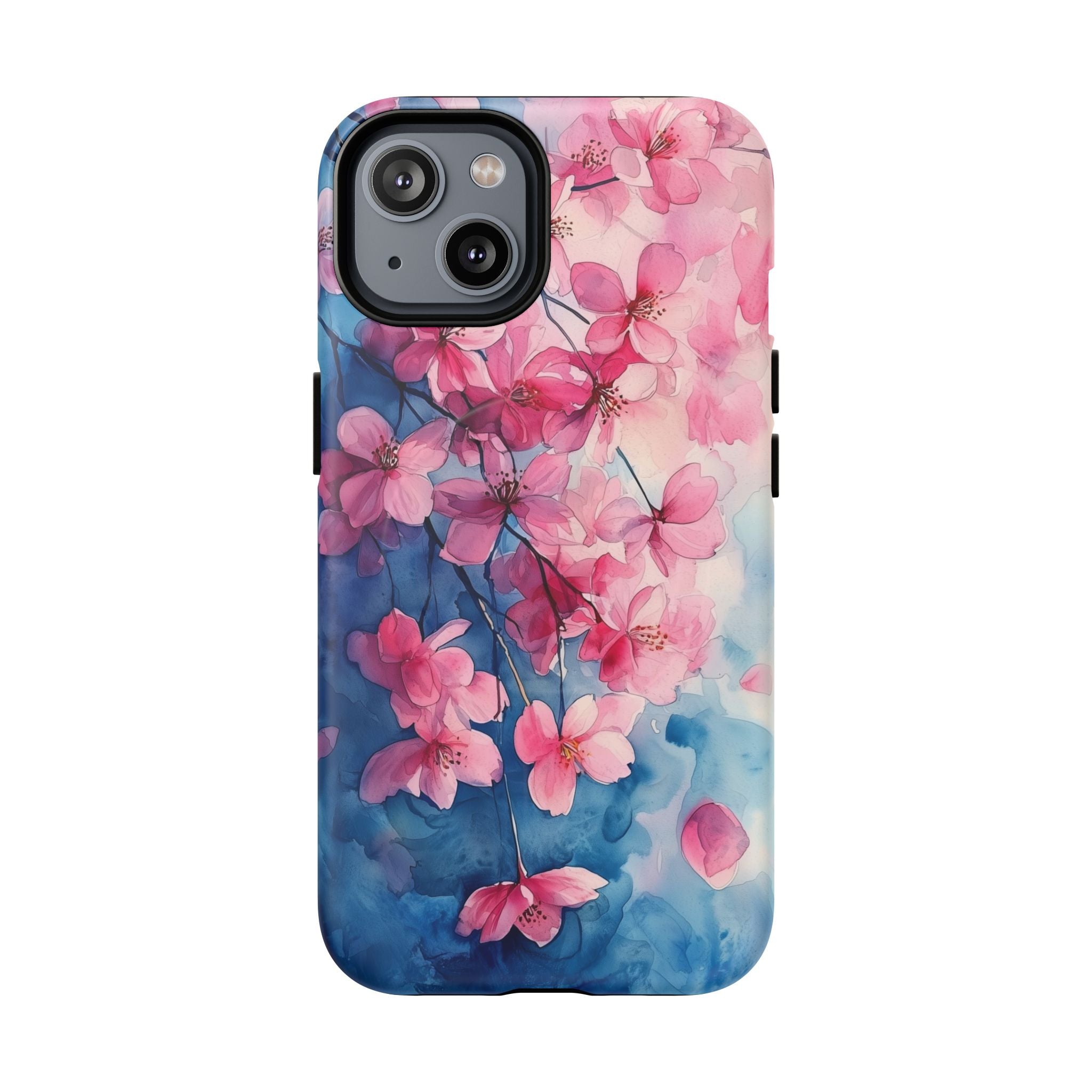Custodia MagSafe per iPhone con motivo floreale di ciliegio in fiore | Acquerello rosa e blu