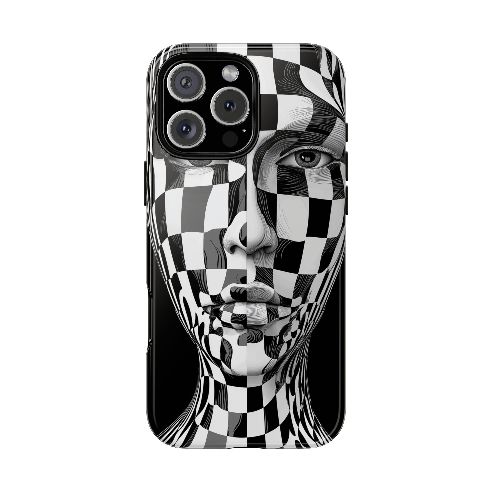 Checkerboard Face Tough iPhone Case — Black & White Surreal Art Protective Cover