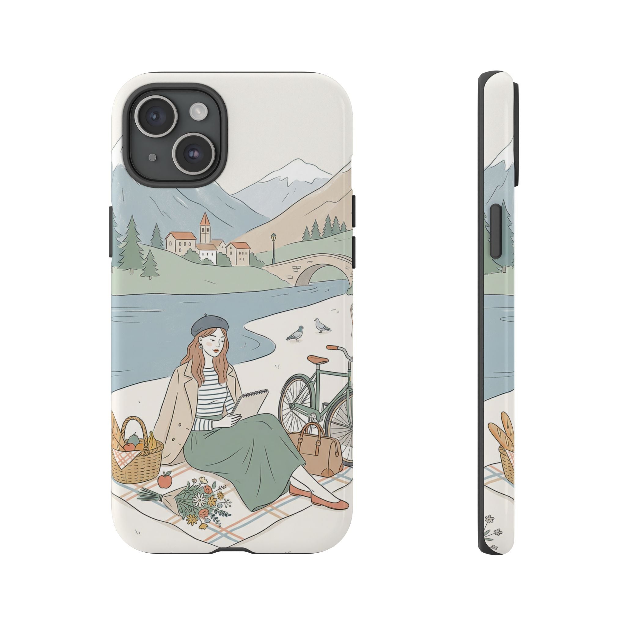 Scenic Picnic iPhone Case | Vintage Bicycle & Mountain Illustration