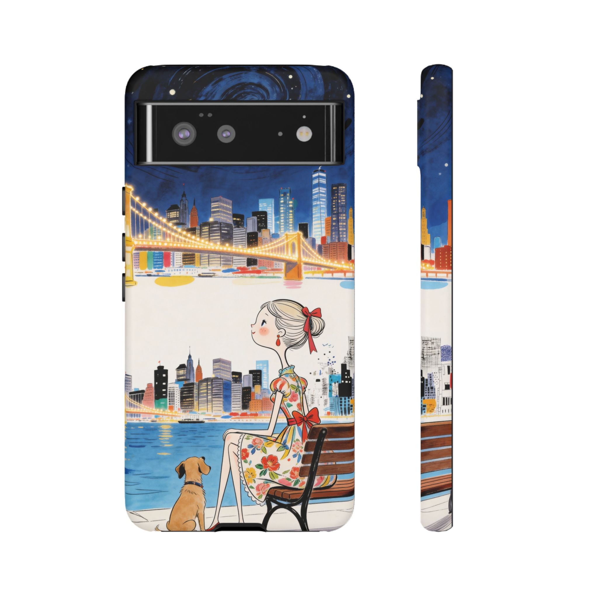 City Night Google Pixel Phone Case | Cute Girl & Dog Bench Illustration