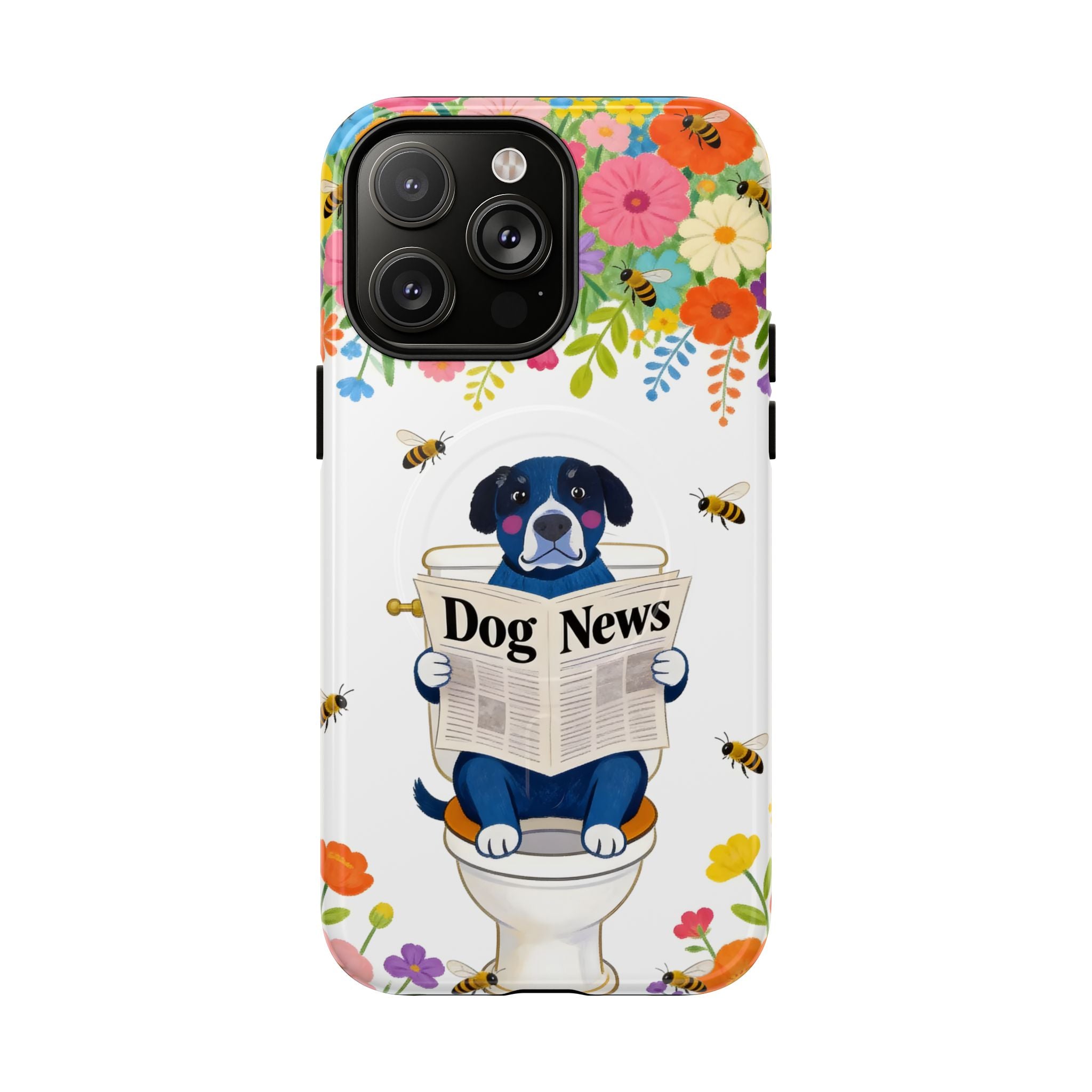 Dog News Floral MagSafe iPhone Case | Cute Dog on Toilet Pattern, Spring Floral iPhone Cover