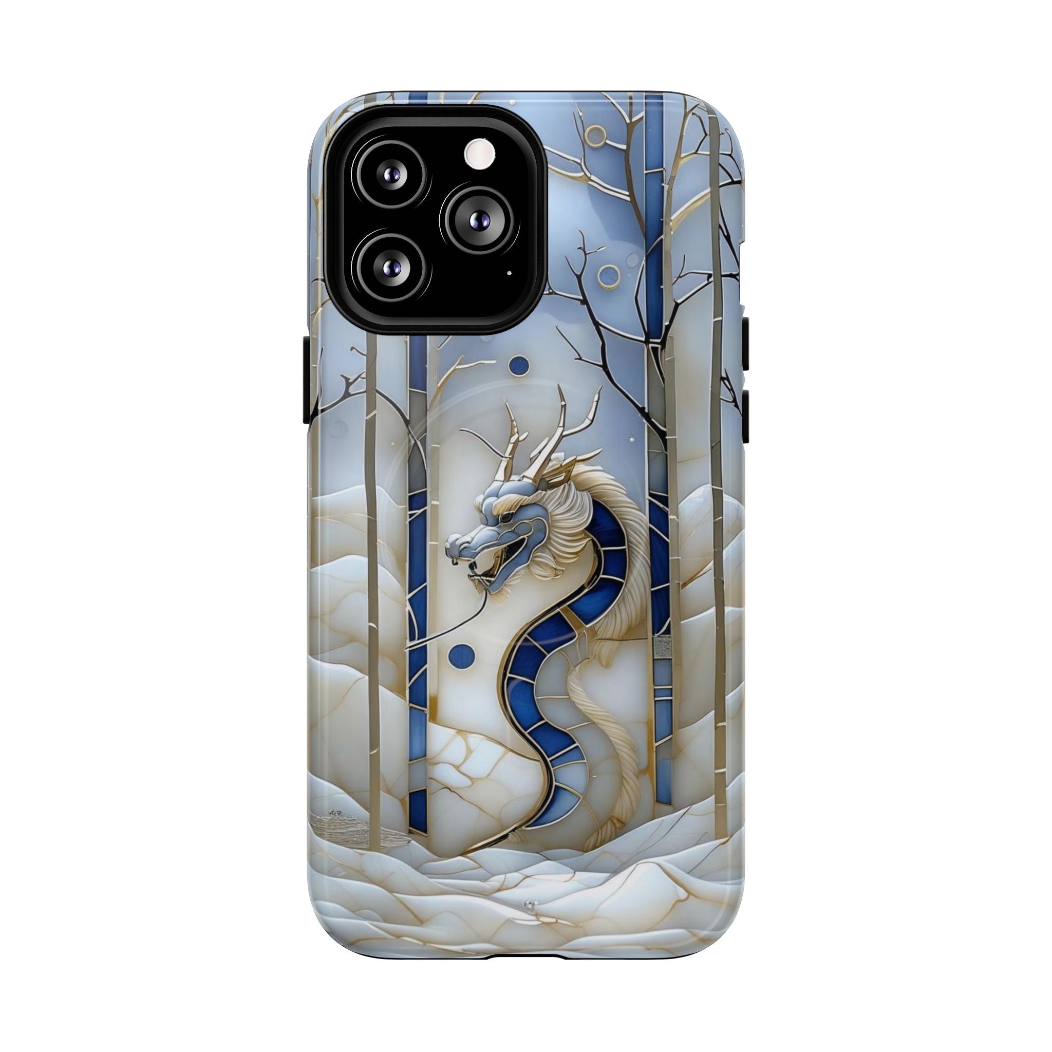 Dragon Stained Glass Tough MagSafe Phone Case — Blue & Ivory Medieval Art