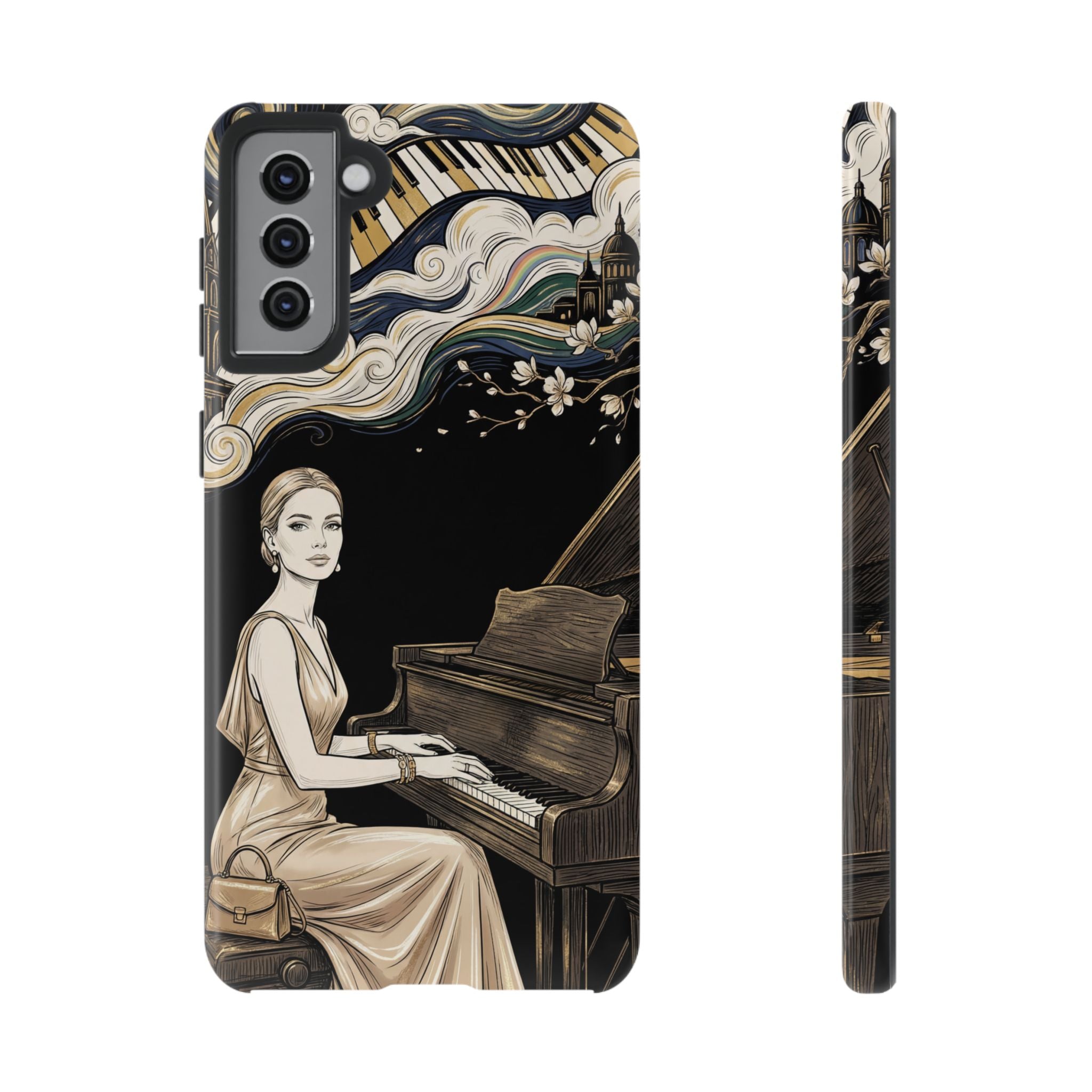 Elegant Piano Woman Samsung Galaxy Phone Case | Vintage Art Deco Music Design