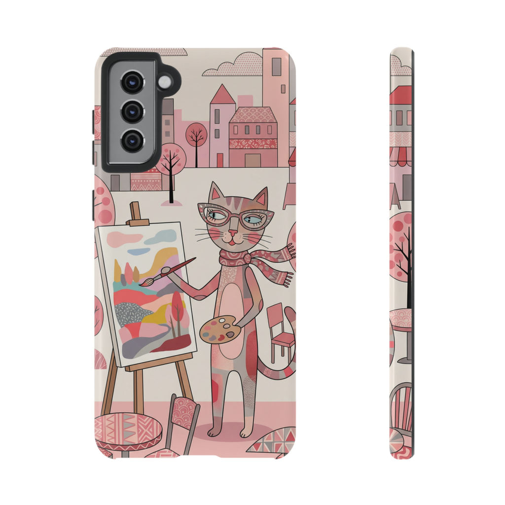 Artistic Cat Samsung Galaxy Phone Case | Painter Kitty Illustration Tough Case