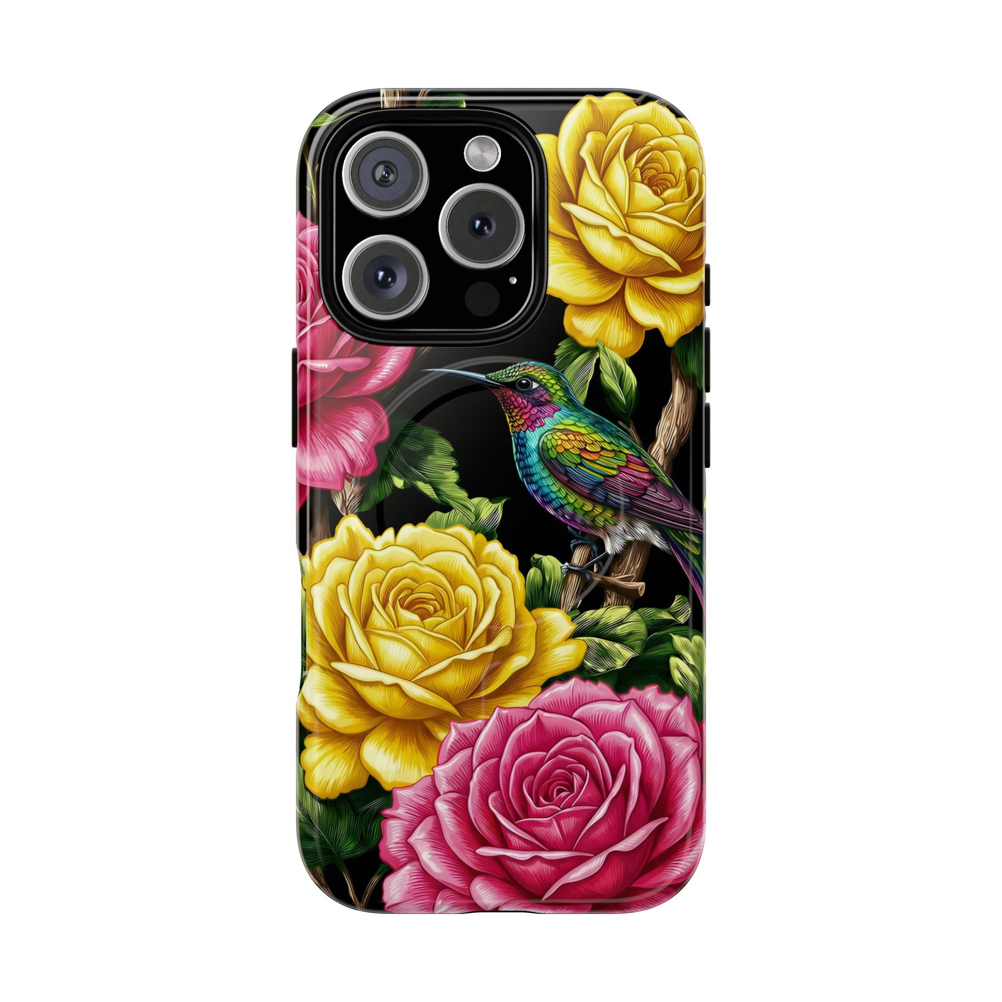 Floral Hummingbird Tough MagSafe iPhone Case | Vibrant Rose & Yellow Garden Protection