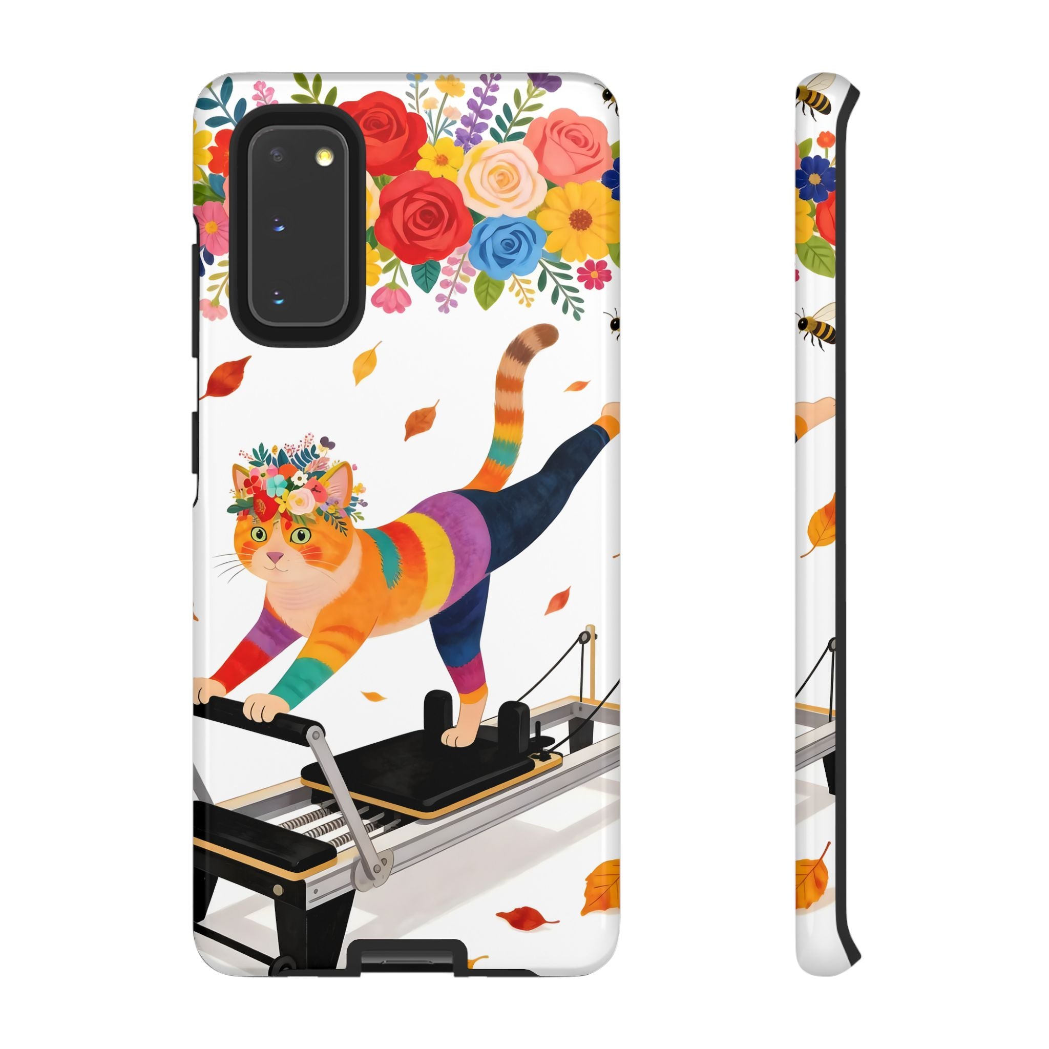 Cat Pilates Samsung Galaxy Phone Case | Floral Rainbow Cat on Reformer
