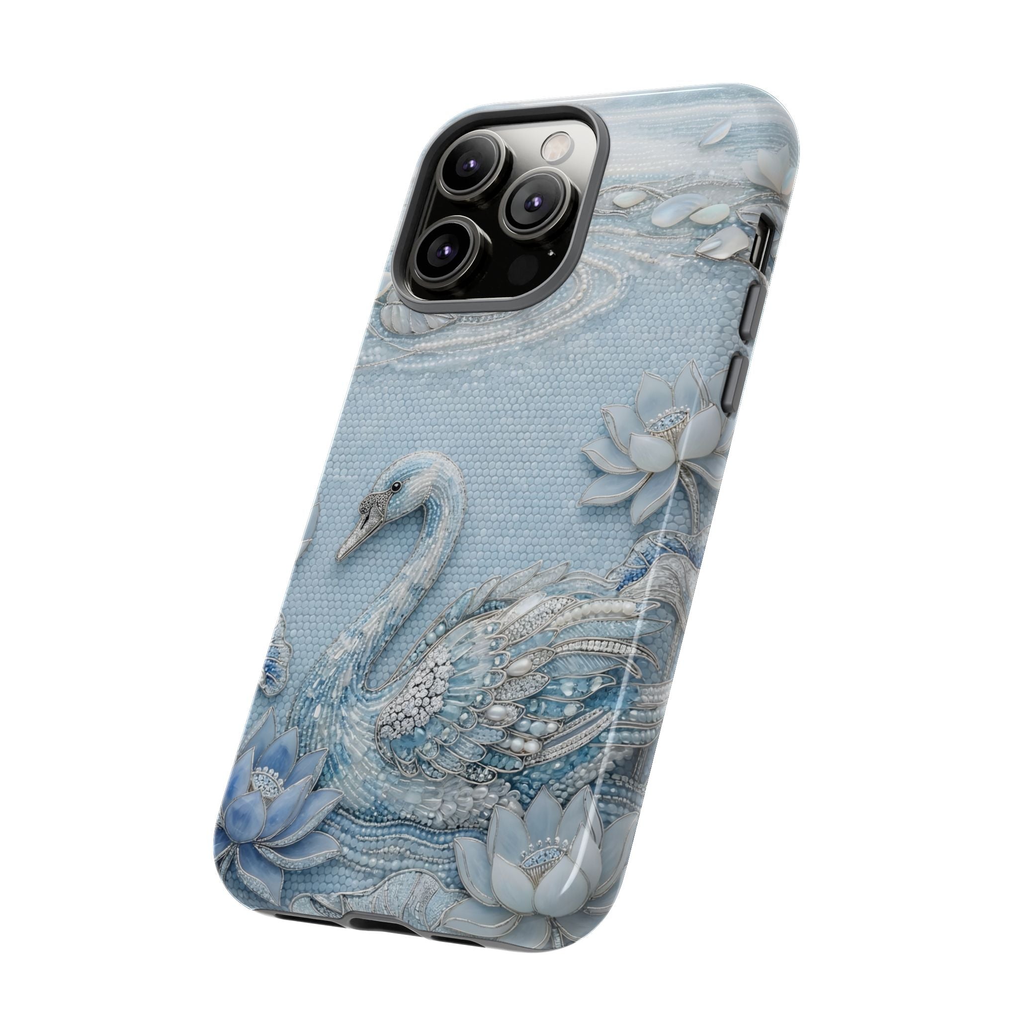 Swan Lake Floral iPhone Case | Sparkling Blue Swan Protective Case