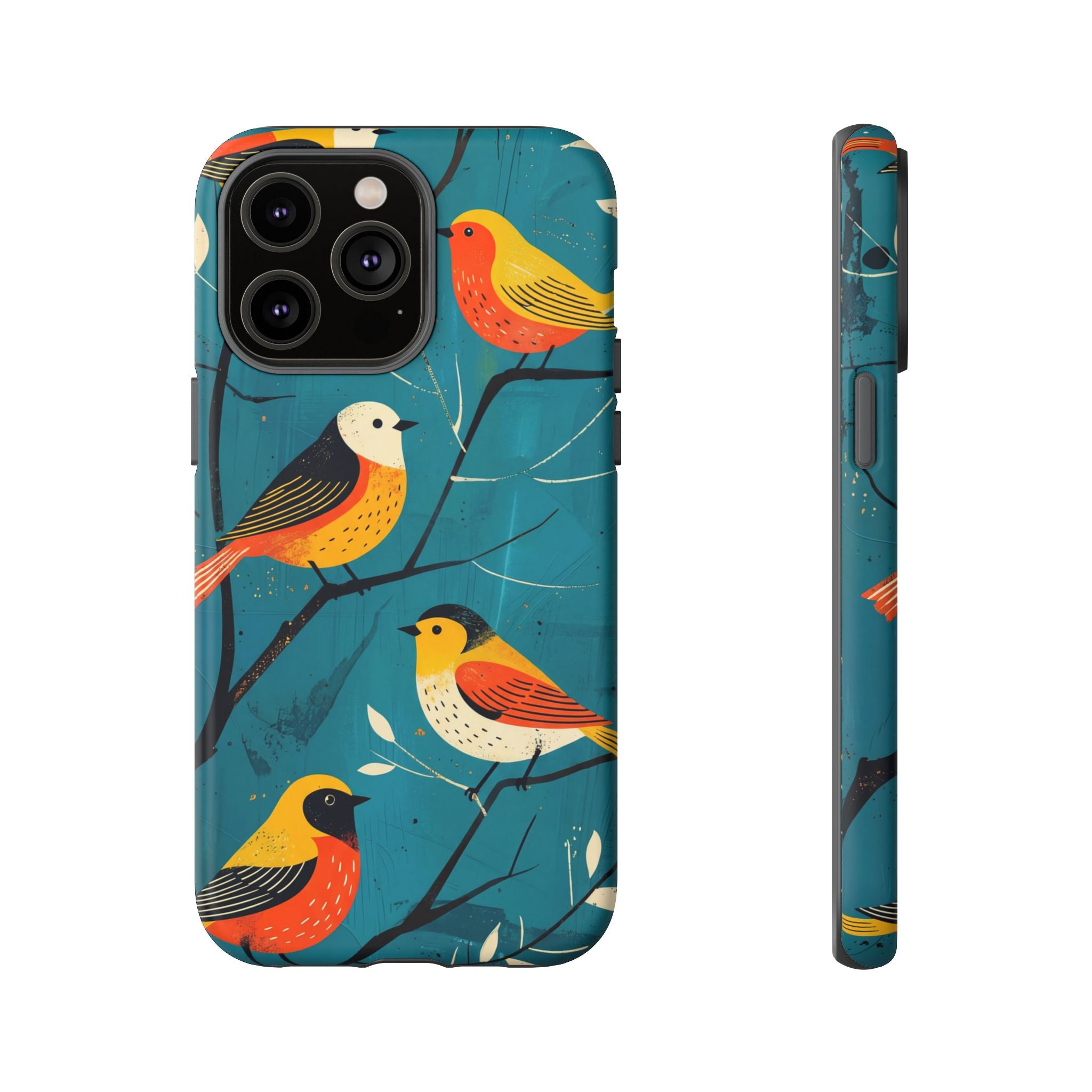 Bird Pattern Tough iPhone Case | Colourful Songbirds on Teal Background