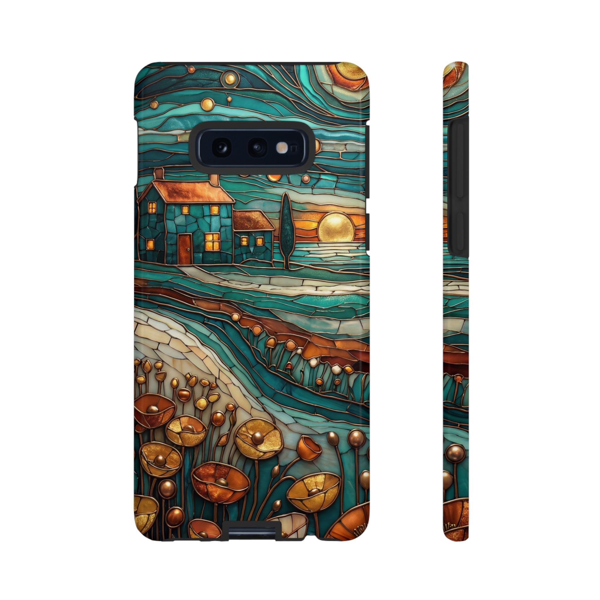 Artistic Sunset Cottage Samsung Galaxy Case | Whimsical Floral Landscape Protective Cover