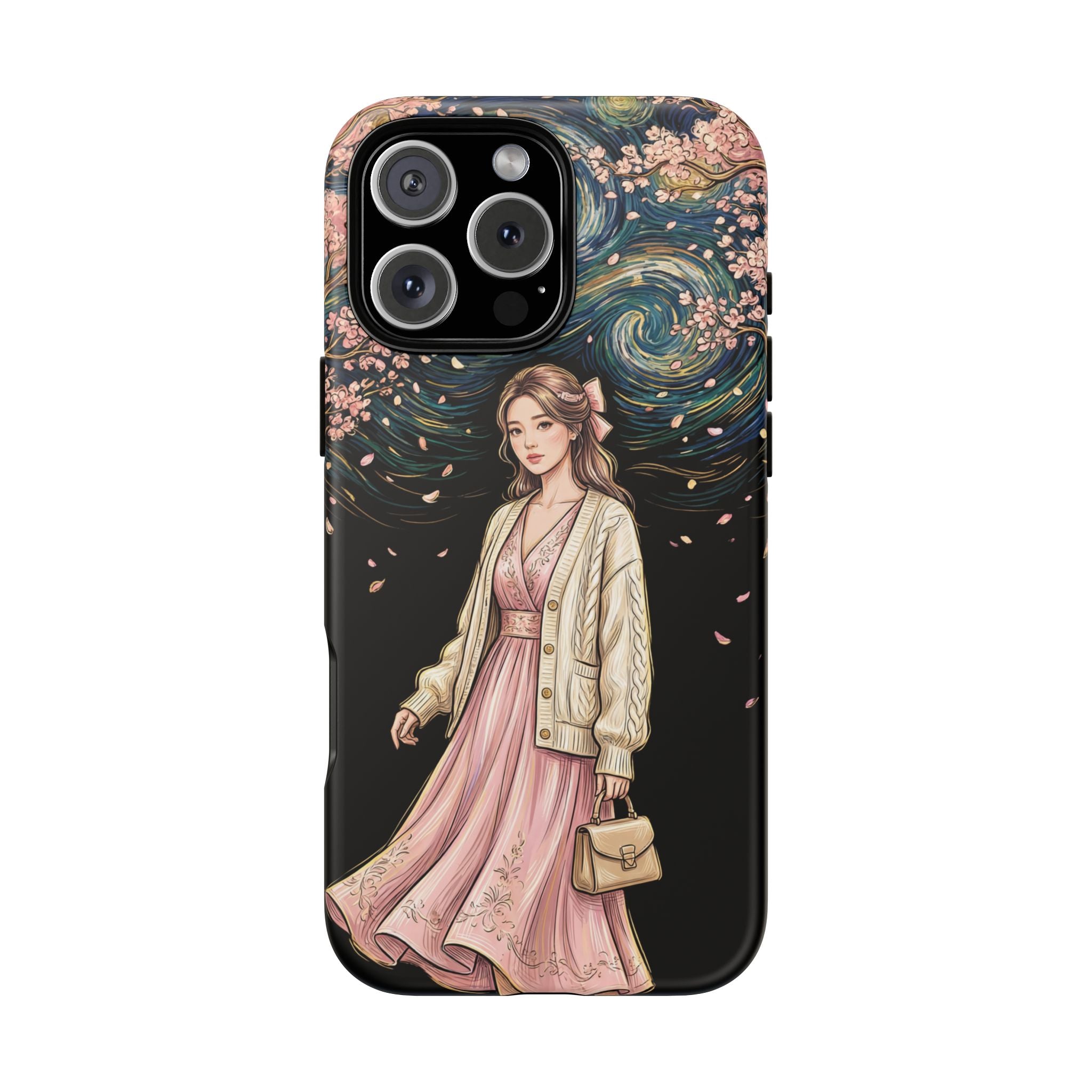 Floral Starry Night iPhone Case | Elegant Girl in Pink Dress