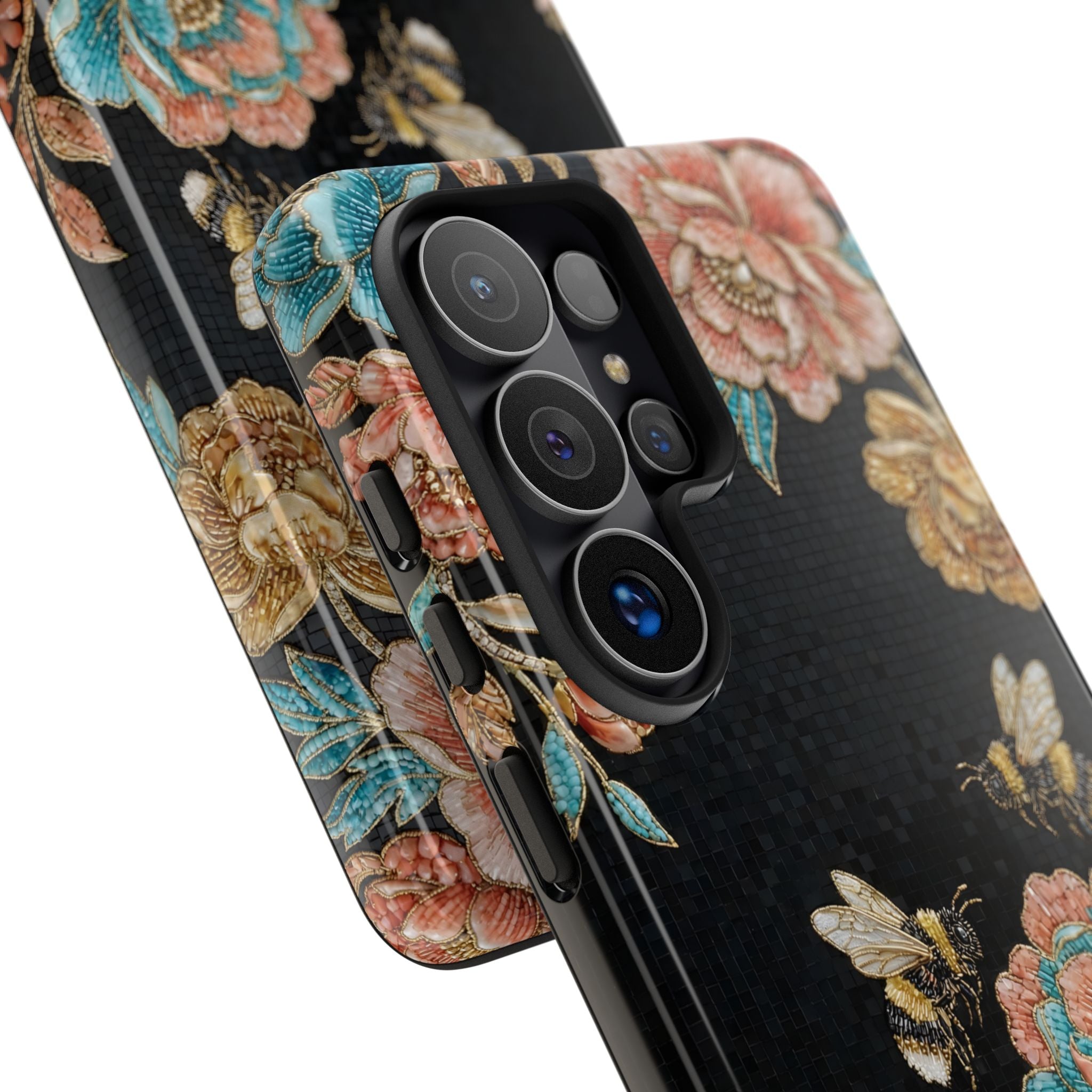 Floral Bees Tough Samsung Galaxy Phone Case | Vintage Rose & Bumblebee Protective Cover