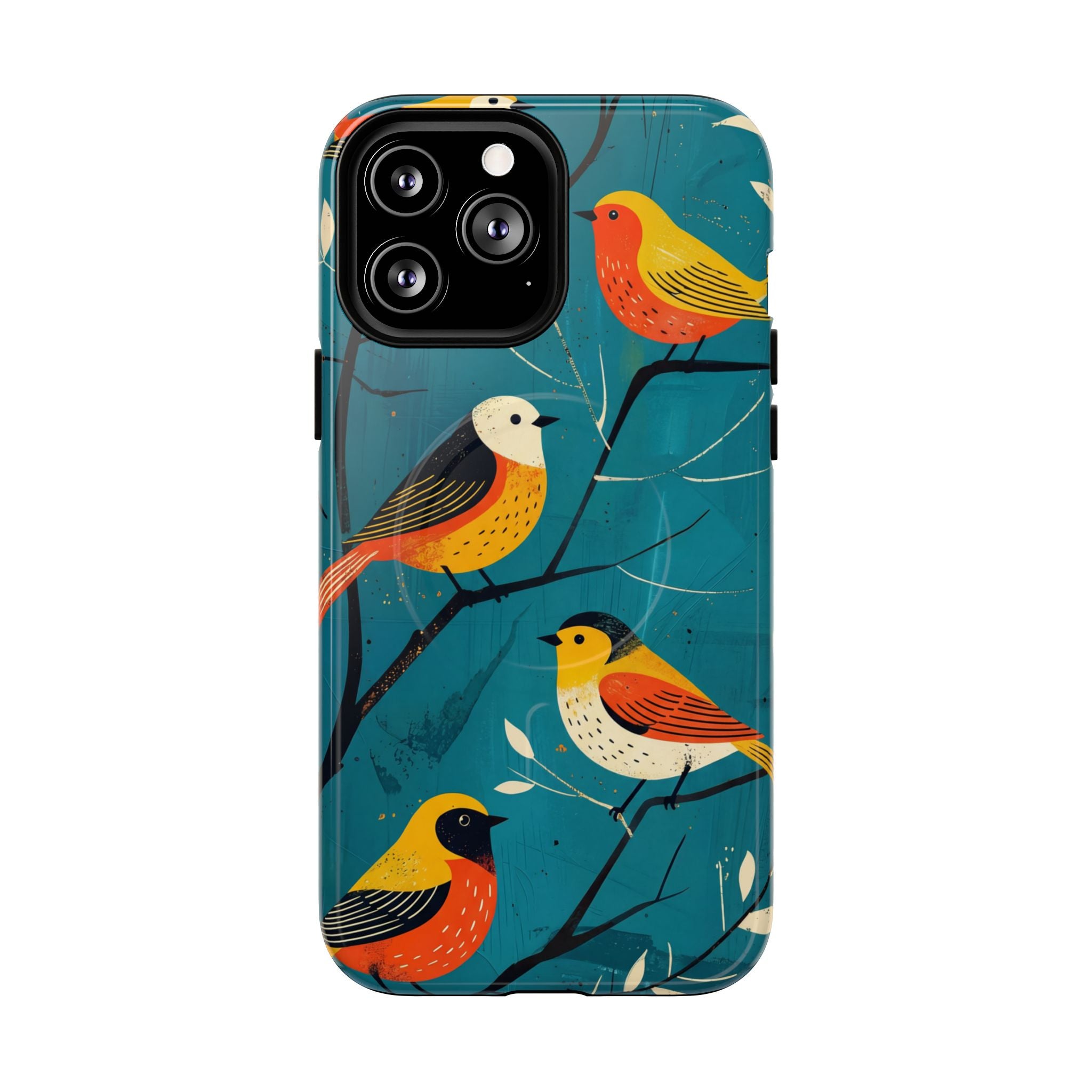 Bird Pattern Tough MagSafe iPhone Case | Colourful Songbirds on Teal Background