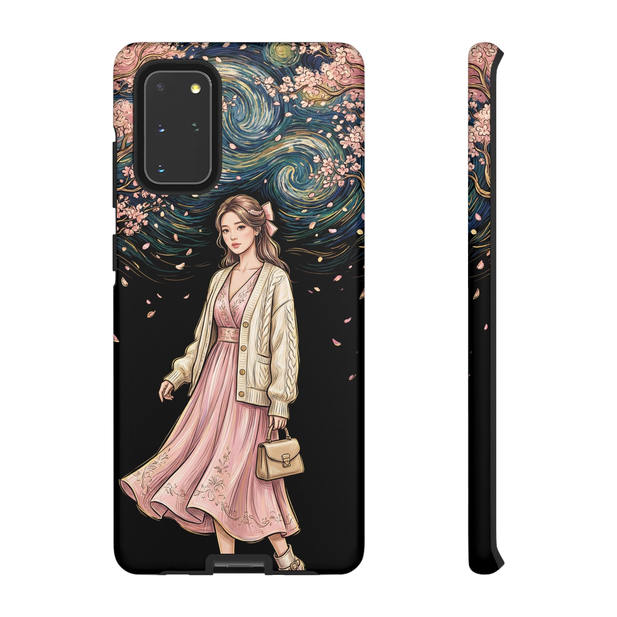 Floral Starry Night Samsung Galaxy Phone Case | Elegant Girl in Pink Dress