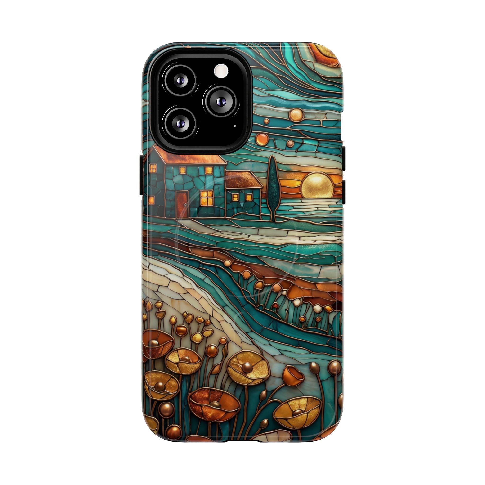 Custodia per telefono MagSafe resistente con paesaggio rustico al tramonto | Custodia protettiva artistica color verde acqua e rame