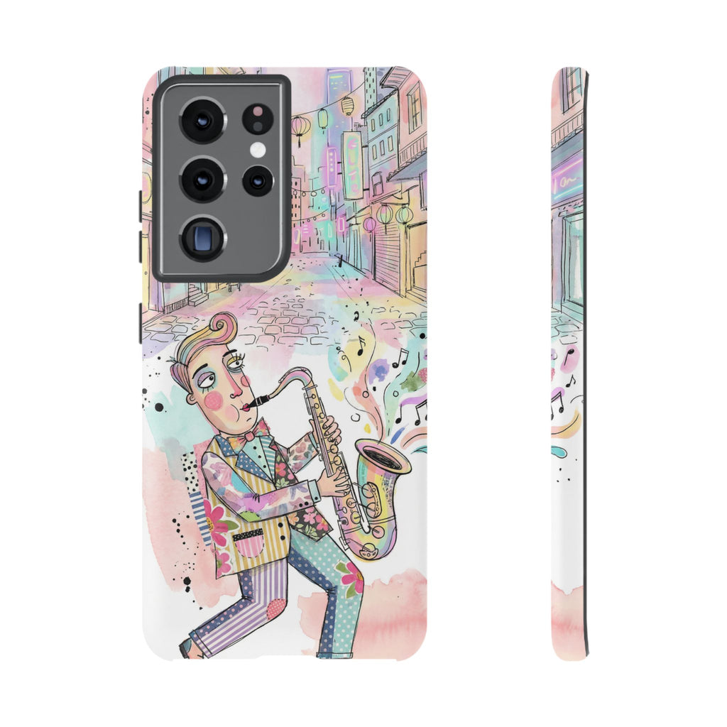 Sax Player Art Samsung Galaxy Phone Case | Pastel Jazz Street Illustration
