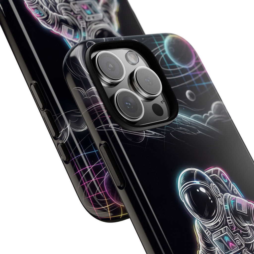 Custodia per iPhone a tema astronauta ed esploratore spaziale al neon