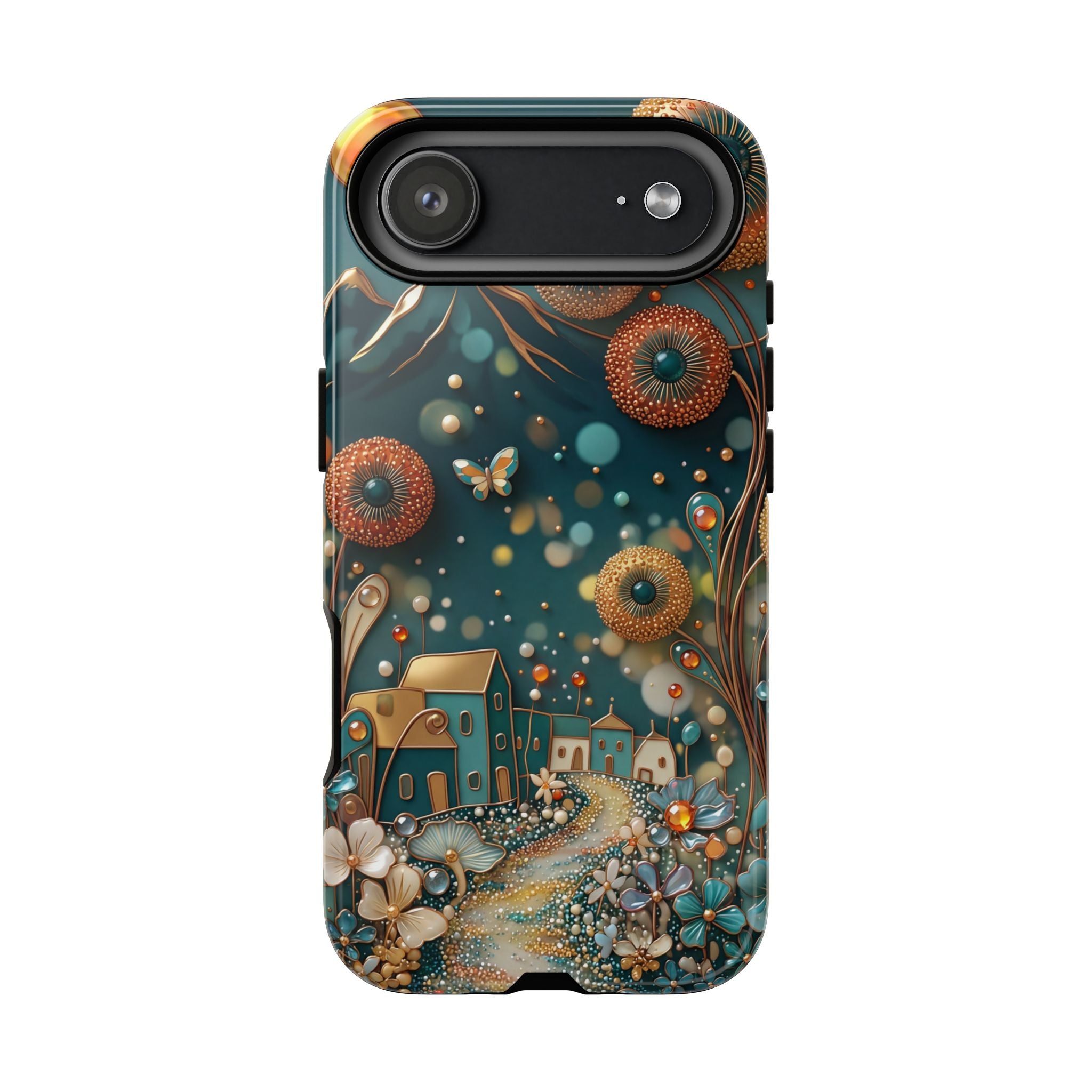 Whimsical Night Village iPhone Case | Floral Moonlit Art Tough Case