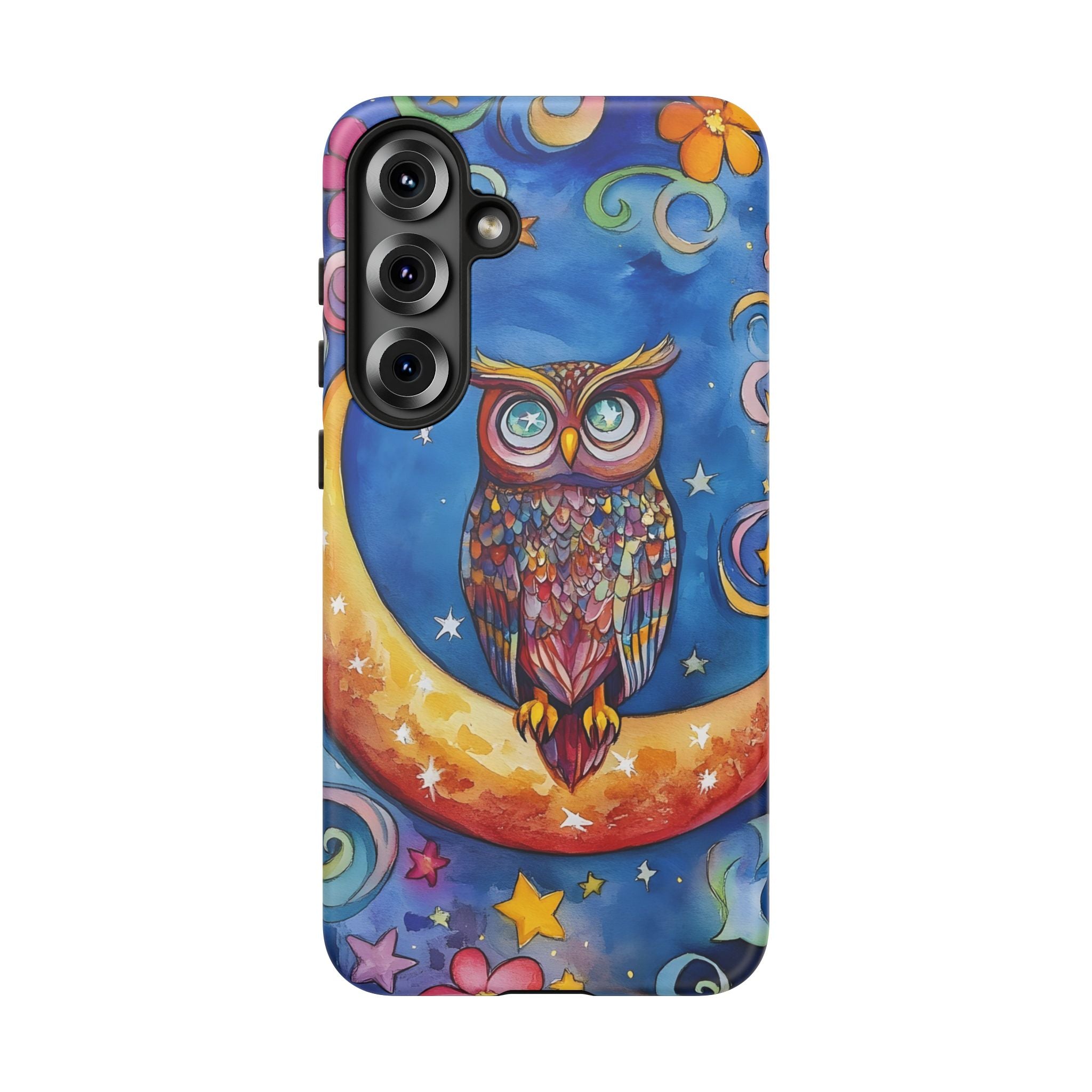 Owl on Crescent Moon Samsung Galaxy Case — Colourful Whimsical Night Sky Design