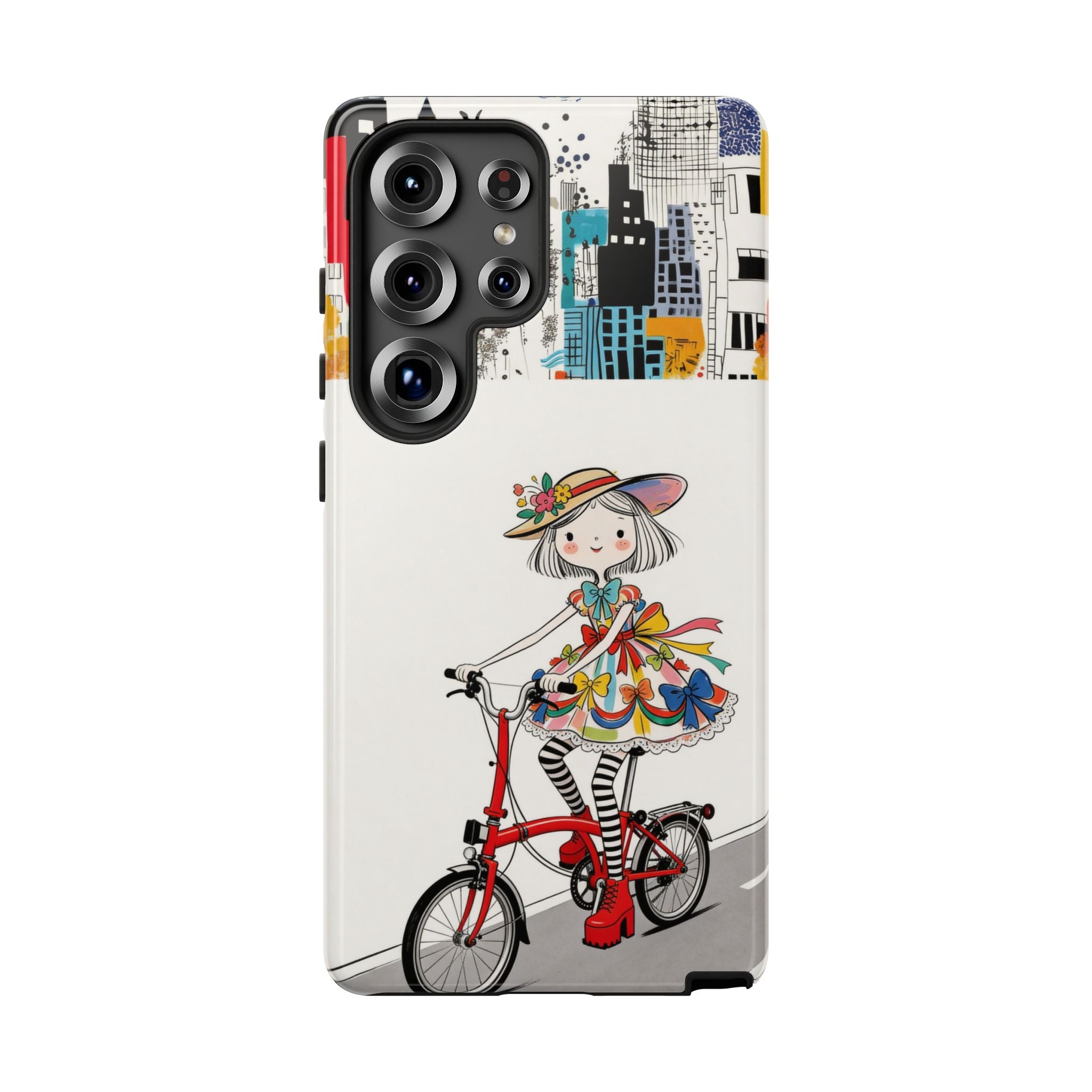 Whimsical Girl on Brompton Bicycle Urban Illustration Samsung Galaxy Phone Case