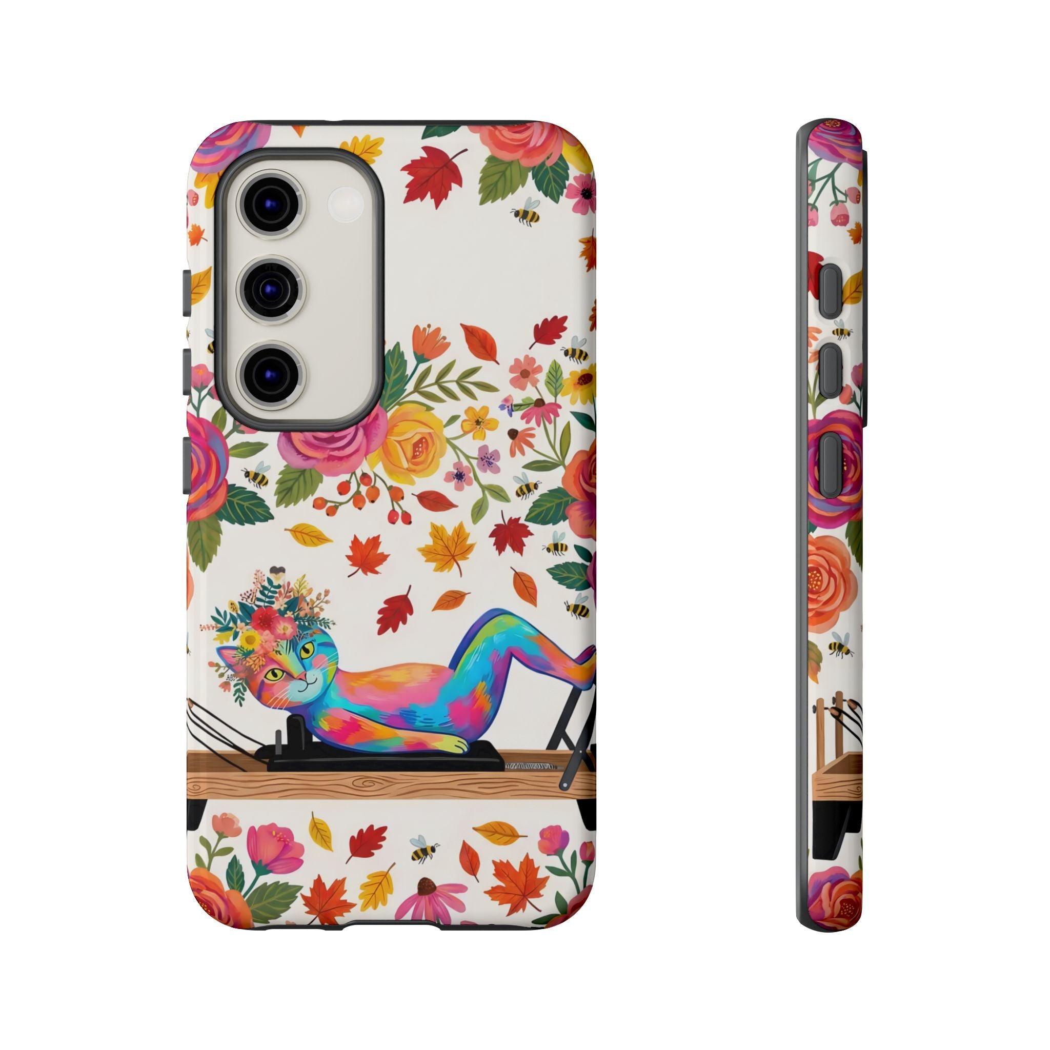 Autumn Floral Pilates Samsung Galaxy Phone Case | Colorful Rainbow Pilates Figure on Falling Leaves