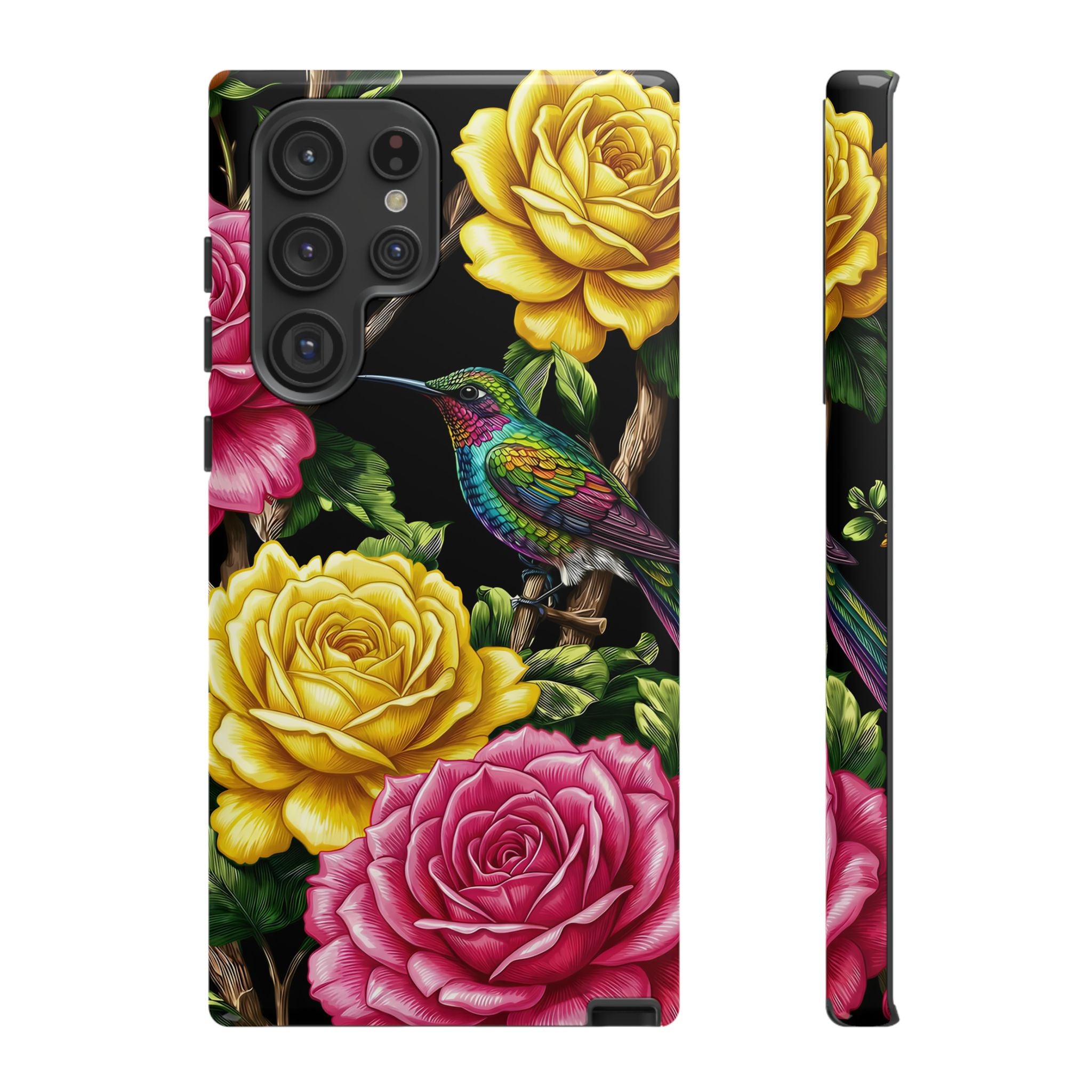 Floral Hummingbird Tough Samsung Galaxy Phone Case | Vibrant Rose & Yellow Garden Protection