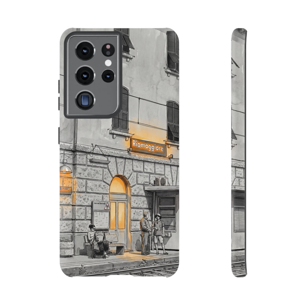 Custodia per Samsung Galaxy con stazione ferroviaria Cinque Terre | Schizzo in bianco e nero con accenti gialli caldi