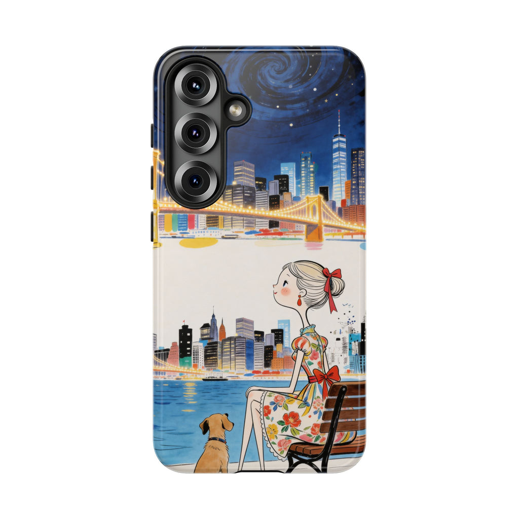 City Night Samsung Galaxy Phone Case | Cute Girl & Dog Bench Illustration