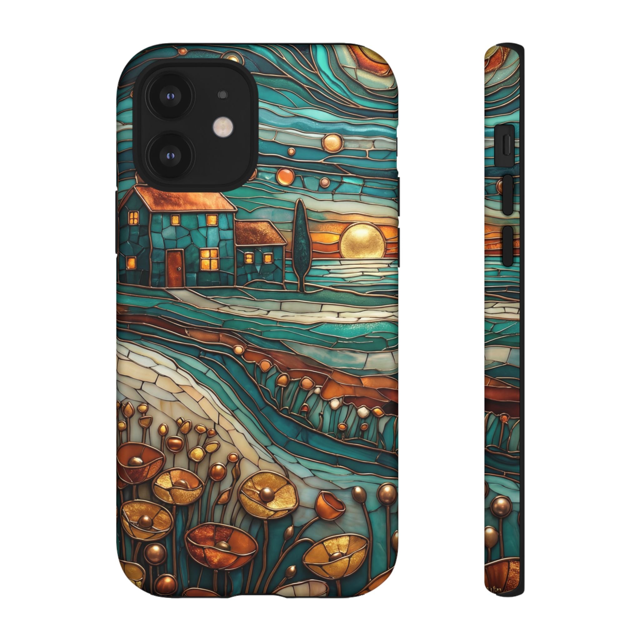 Artistic Sunset Cottage iPhone Case | Whimsical Floral Landscape Protective Cover