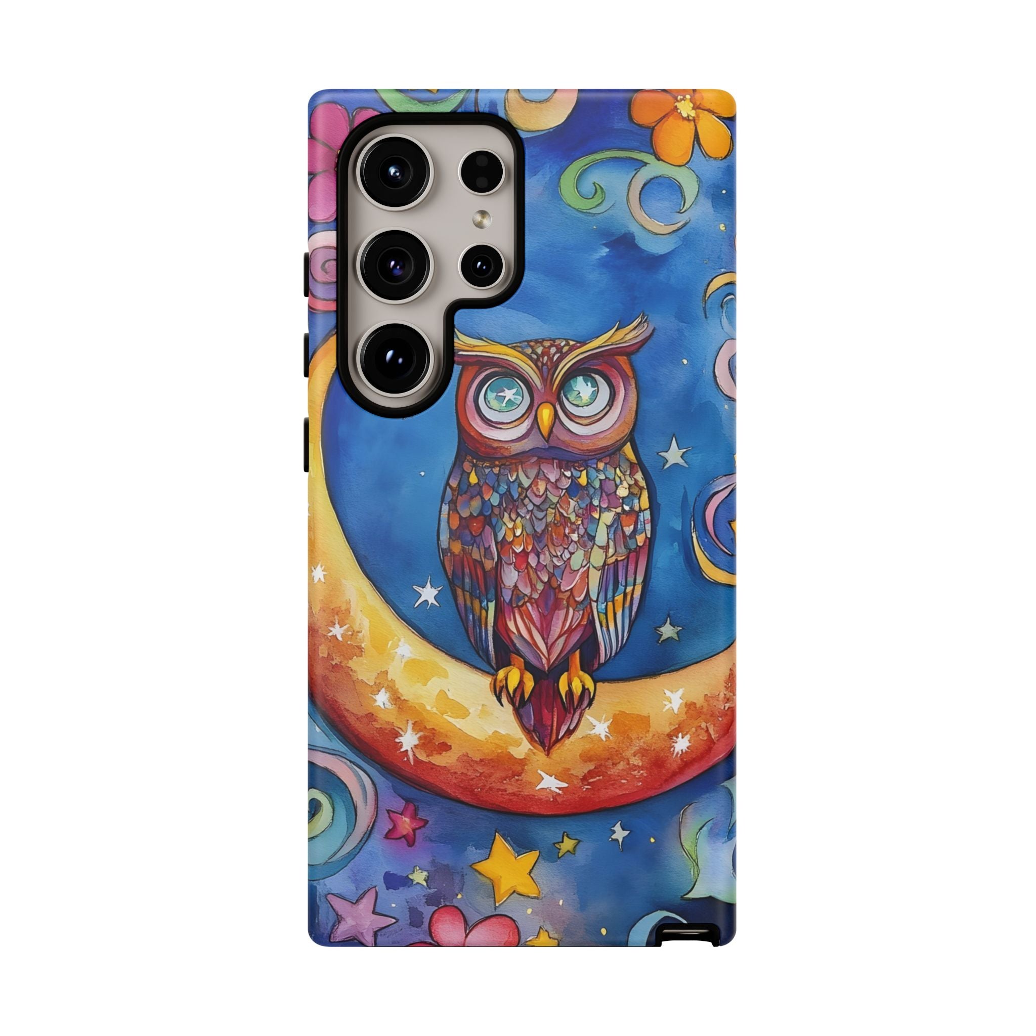 Owl on Crescent Moon Samsung Galaxy Case — Colourful Whimsical Night Sky Design