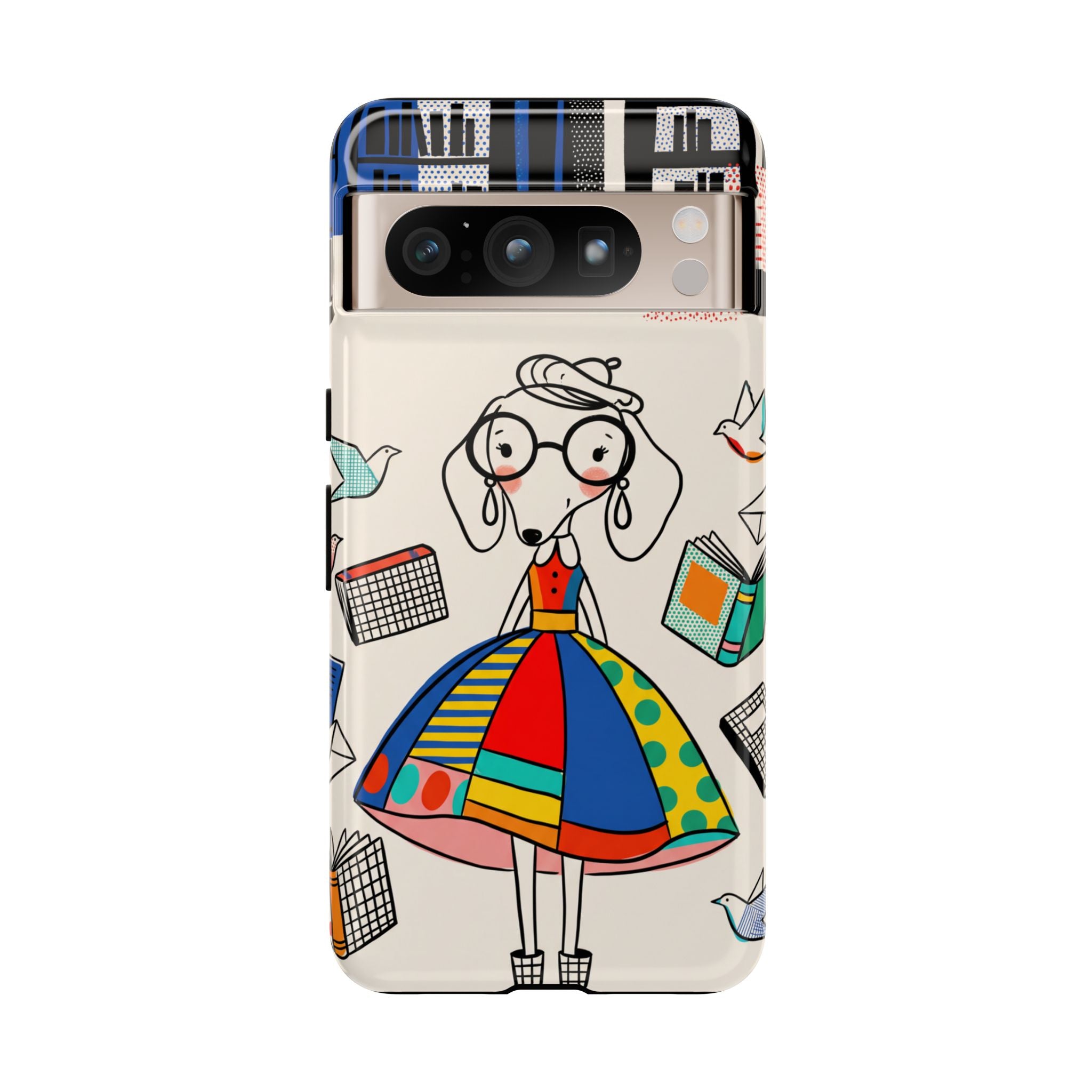 Cute Dachshund Dog Illustration Google Pixel Phone Case | Colorful Whimsical Book & Bird Design