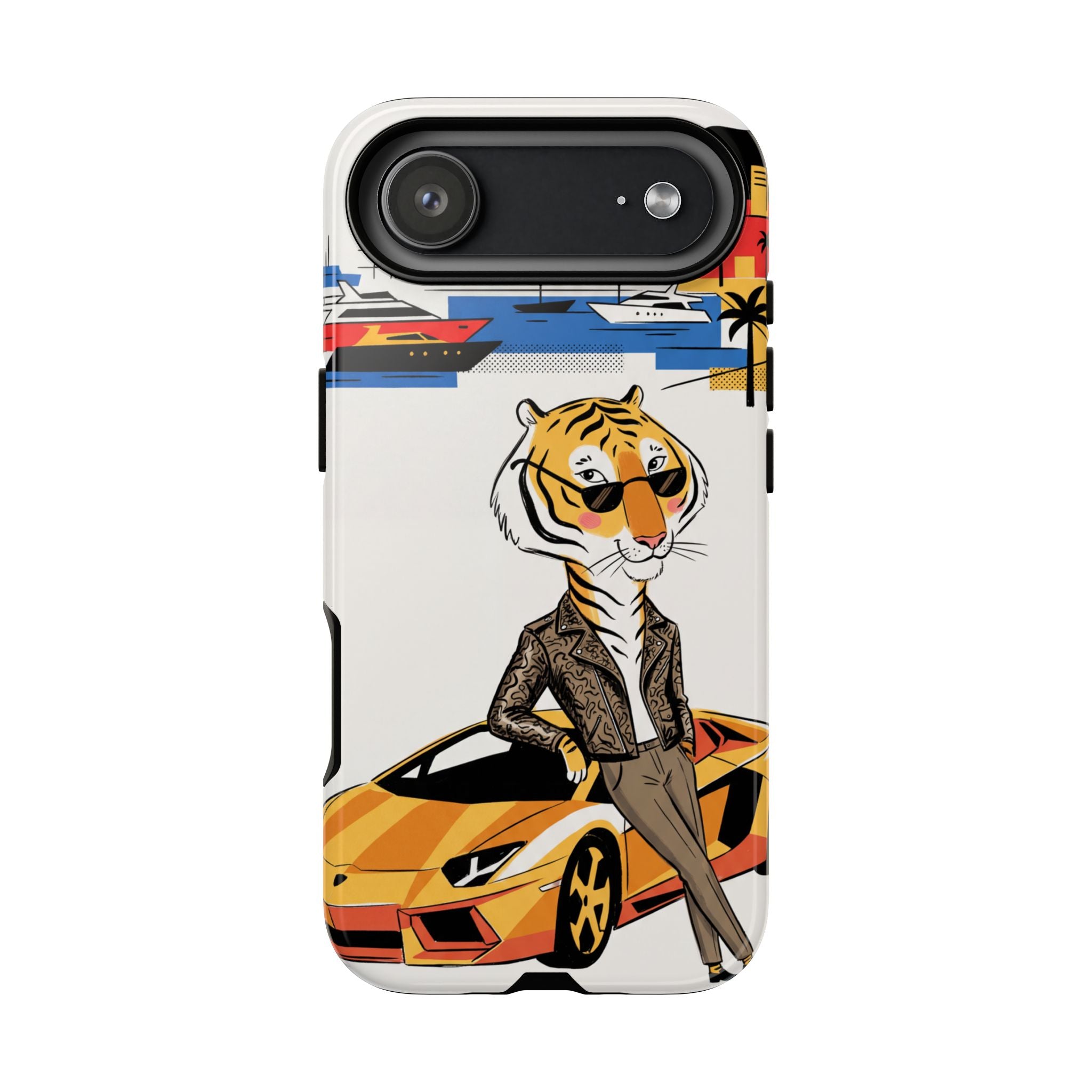 Stylish Tiger with Sports Car Illustration iPhone Case