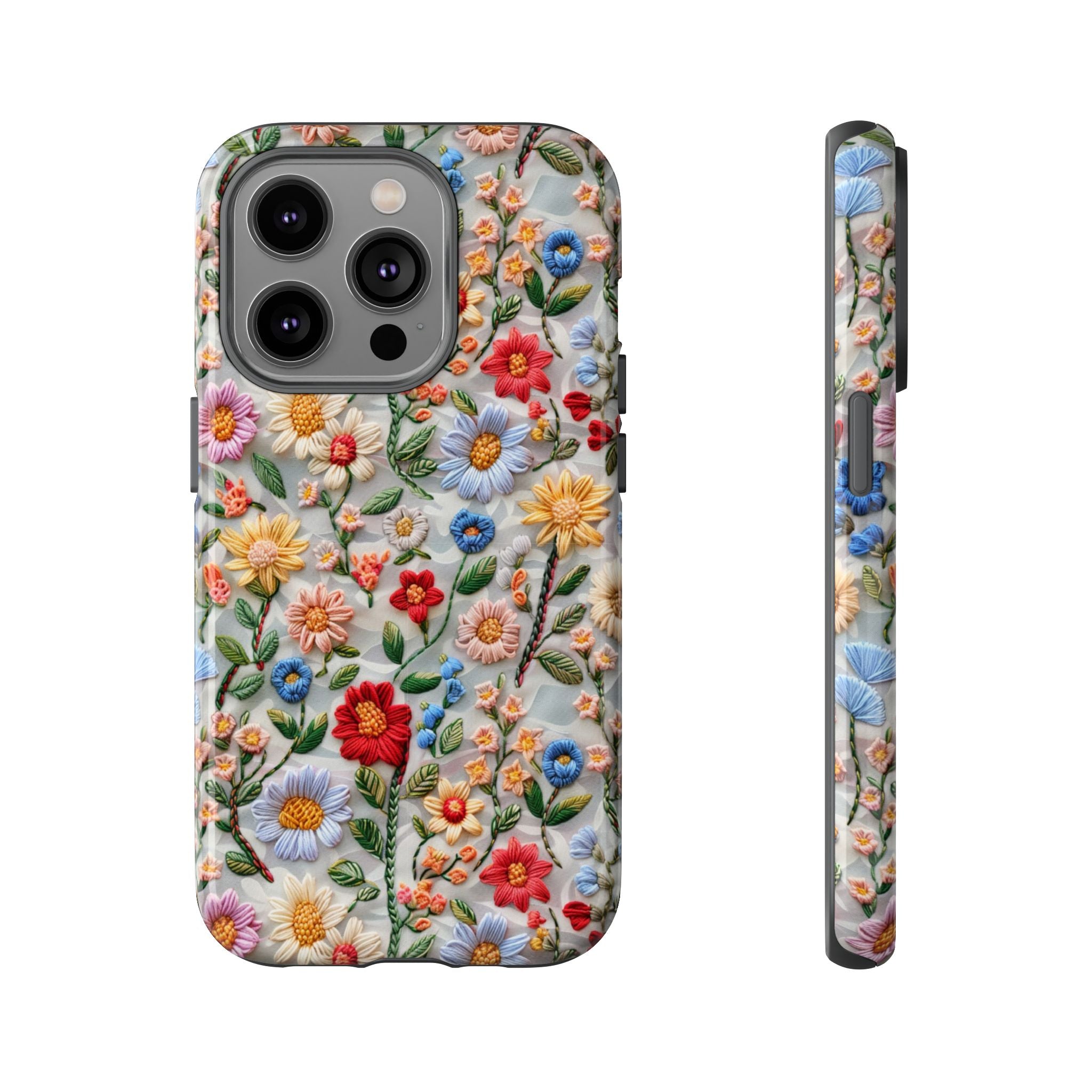 Floral Embroidered Pattern Tough iPhone Case — Colourful Daisy & Wildflower Design