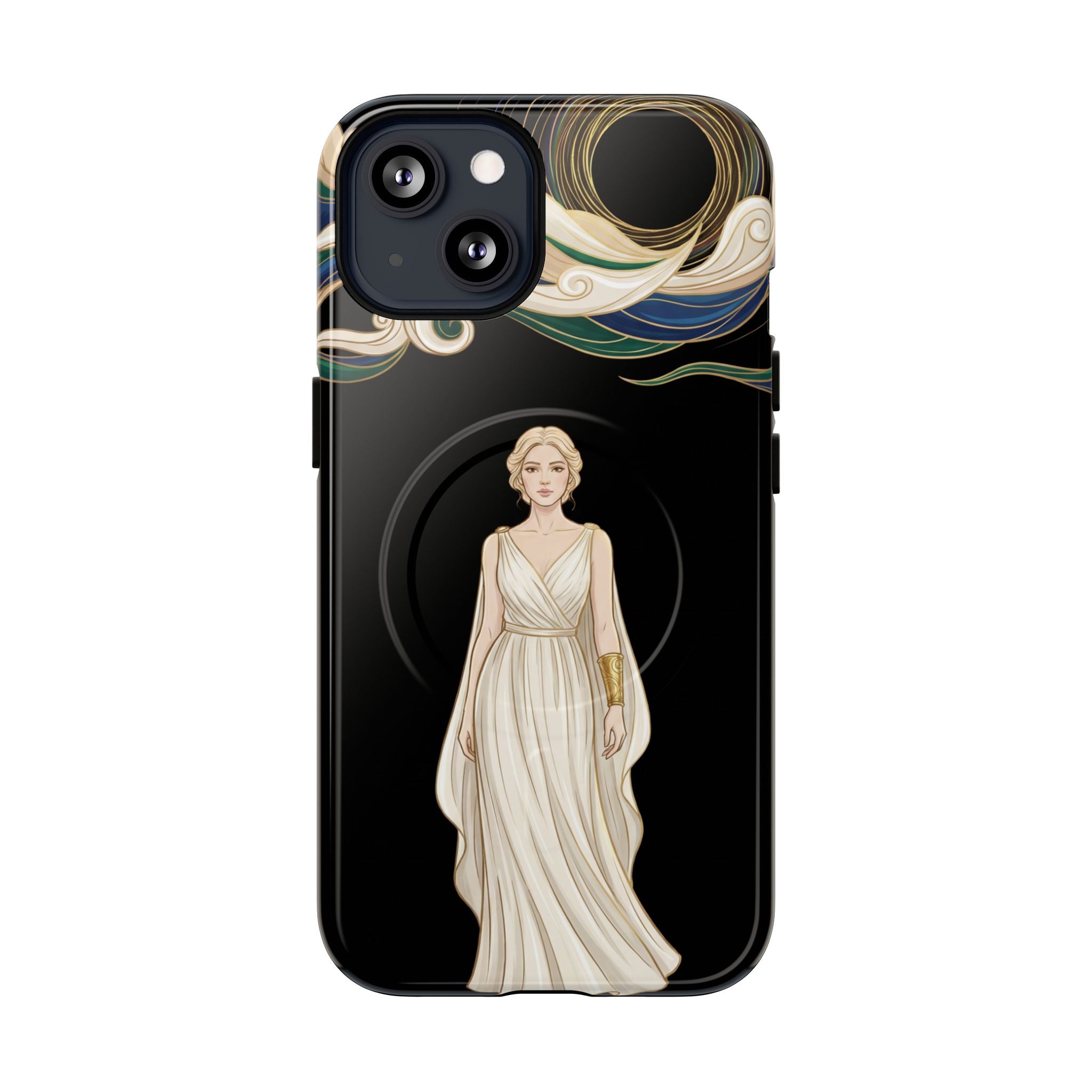 Art Nouveau Goddess MagSafe iPhone Case | Elegant Woman Illustration on Black