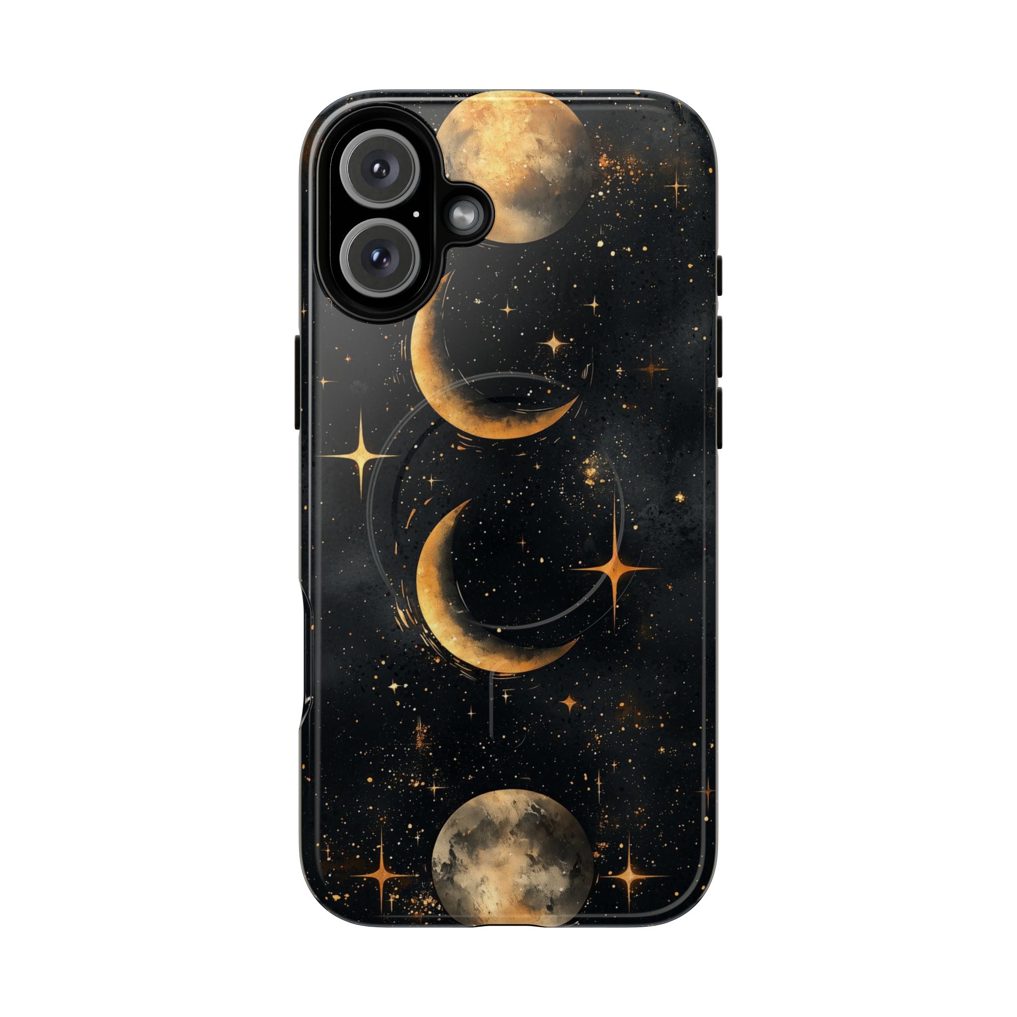 Custodia rigida MagSafe per iPhone con fasi lunari celestiali | Design a forma di galassia con mezzaluna dorata e luna piena