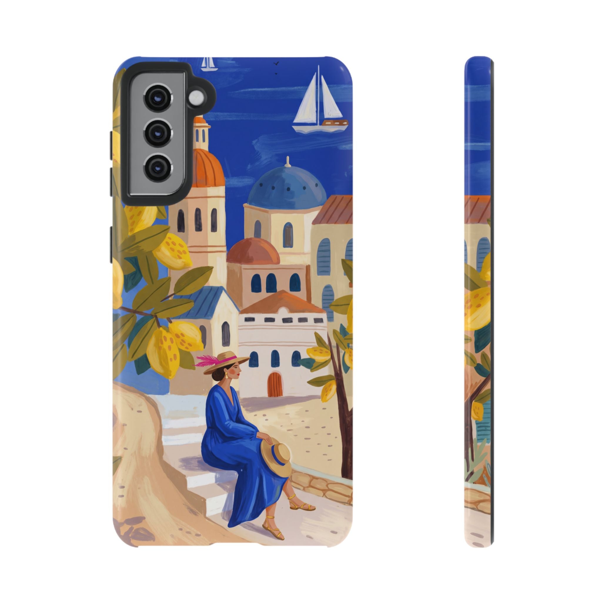Mediterranean Village Samsung Galaxy Phone Case | Scenic Sailboat & Lemon Grove Design