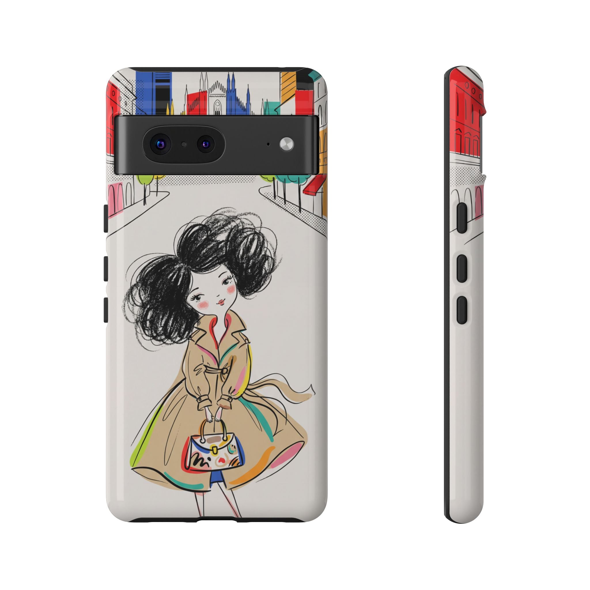 Illustrated Trench Coat Fashion Chic City Girl Google Pixel Phone Case