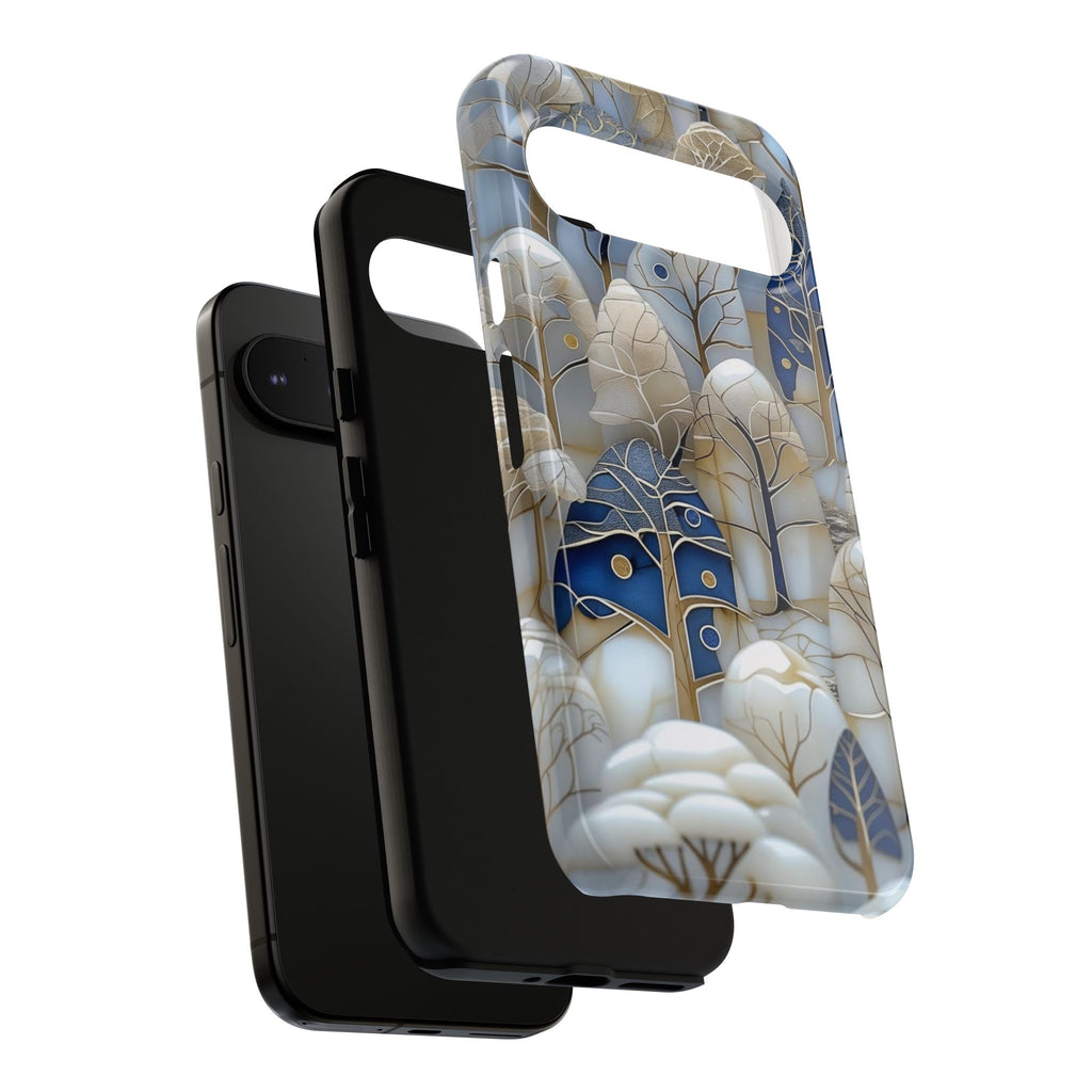 Blue Gold Winter Forest Google Pixel Case — Elegant Tree Pattern Tough Case