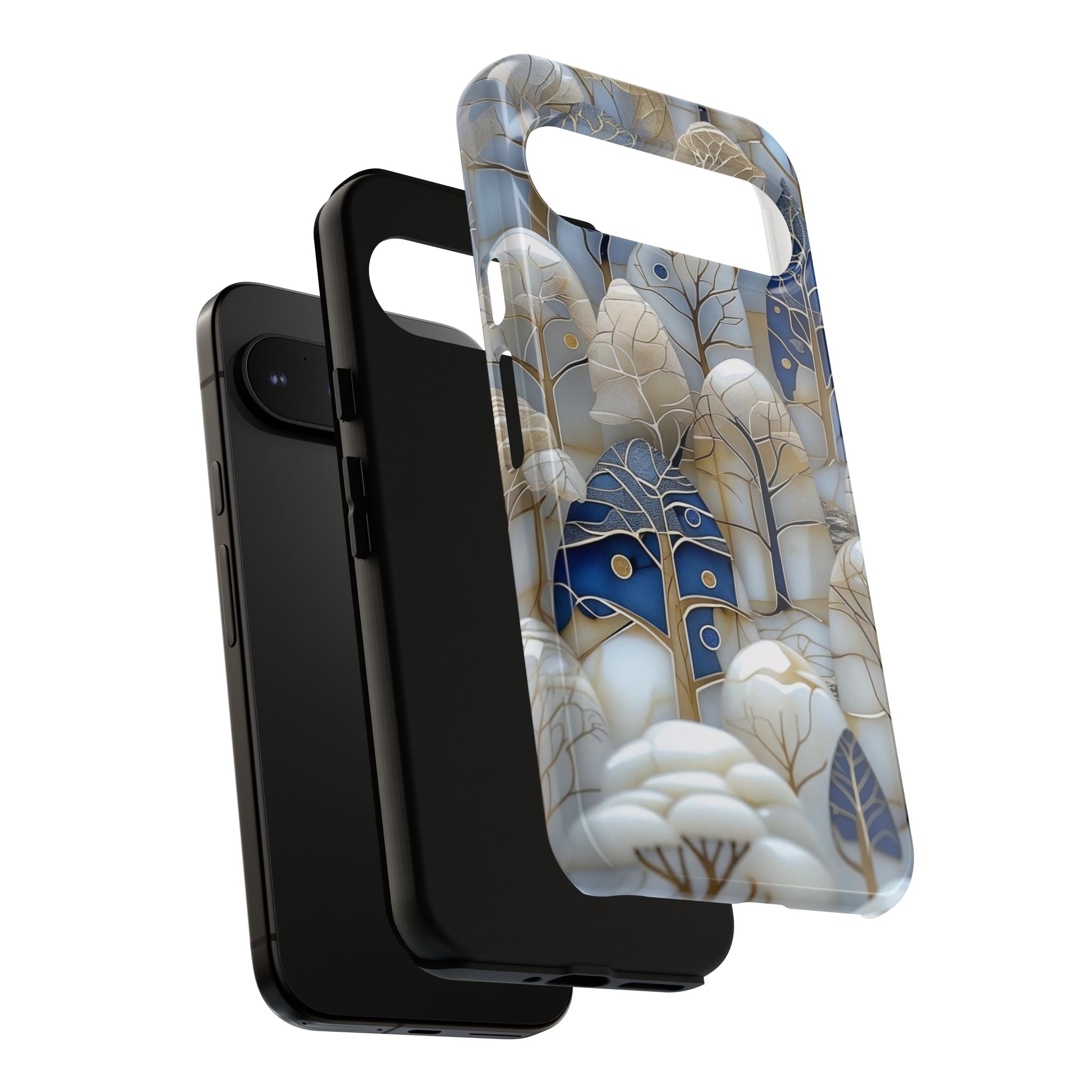 Blue Gold Winter Forest Google Pixel Case — Elegant Tree Pattern Tough Case