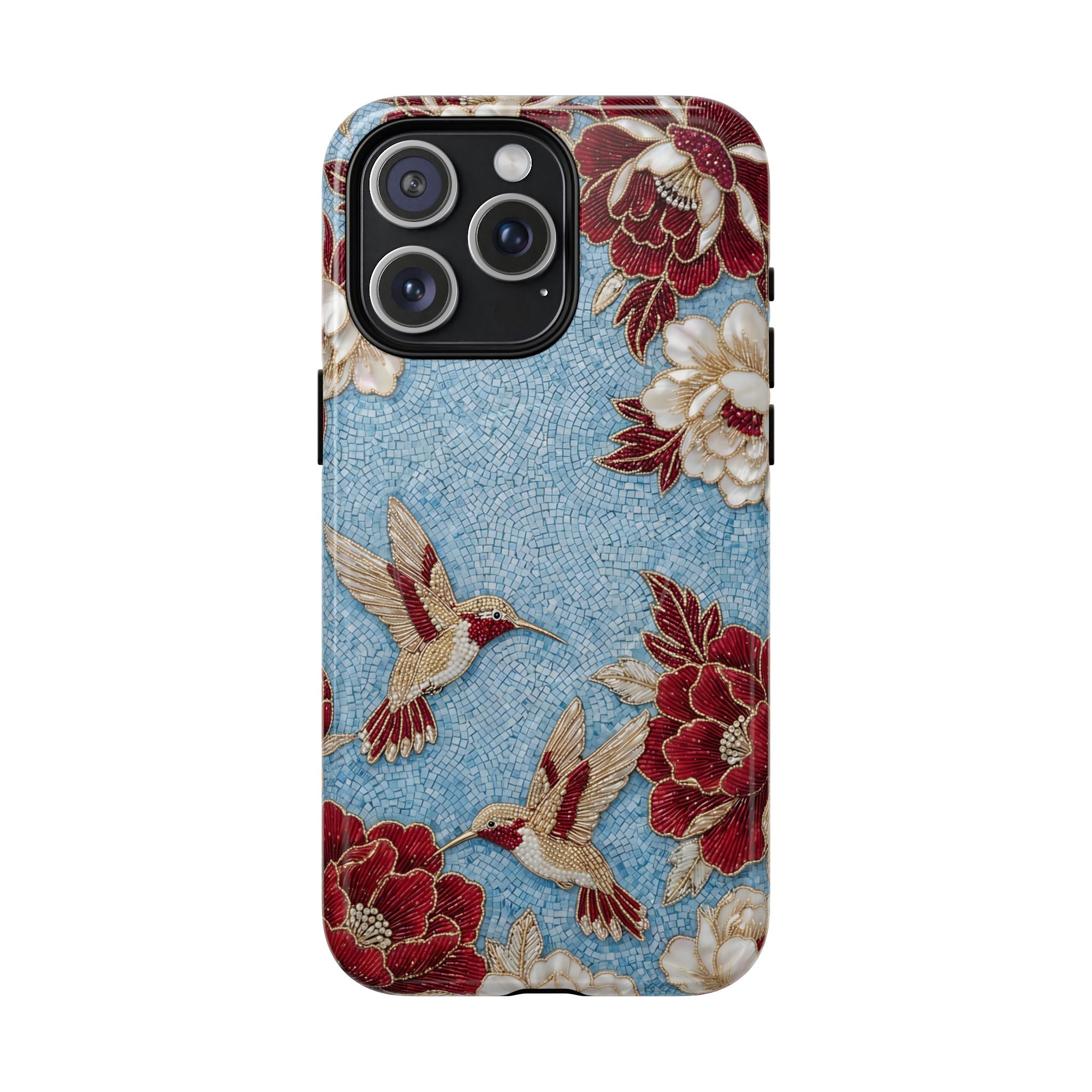 Floral Hummingbird Tough MagSafe iPhone Case | Vintage Blue & Burgundy Botanical Design