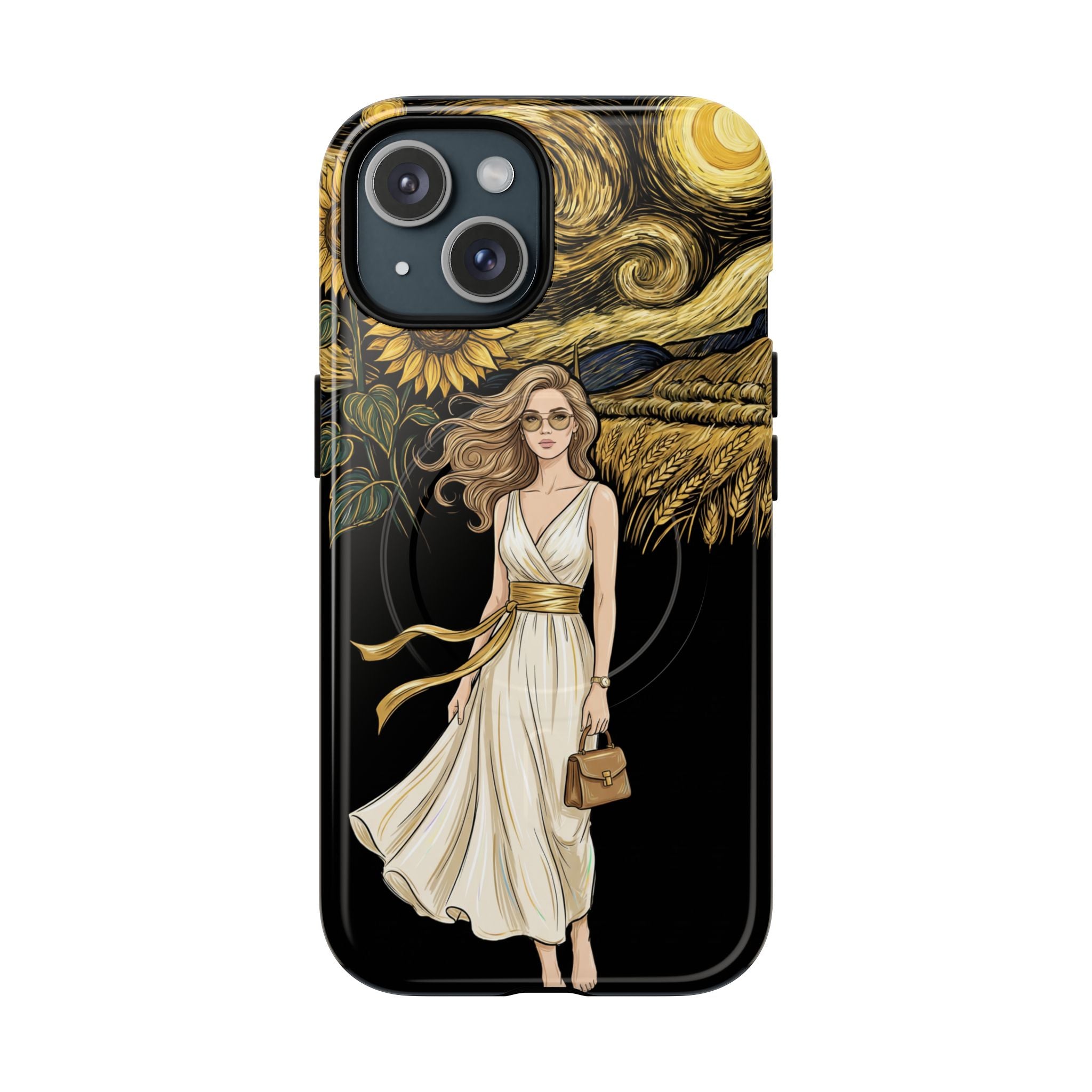 Sunflower Night MagSafe iPhone Case | Woman in Flowing Dress Van Gogh Style