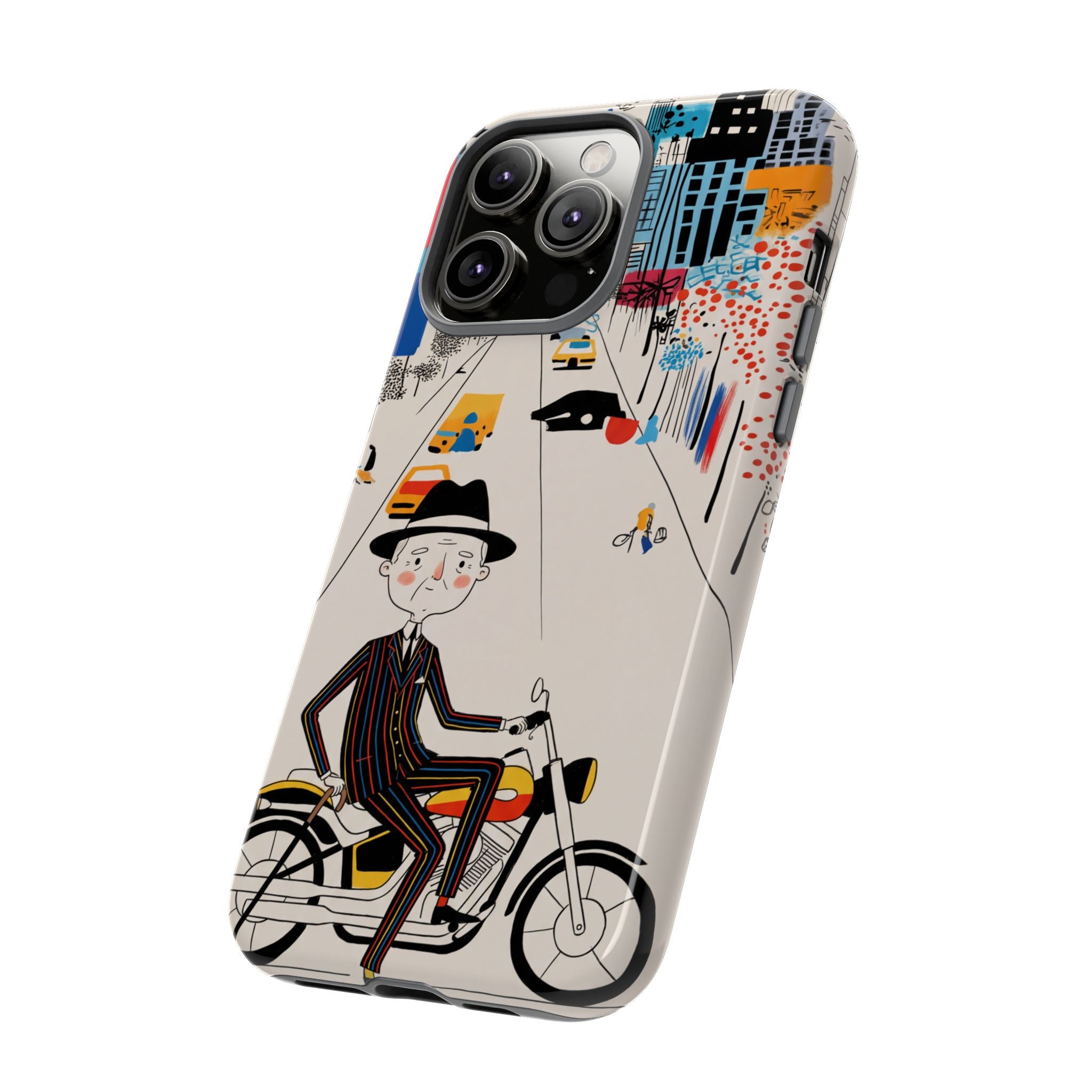 Vintage Grandpa Rider Motorcycle iPhone Case | Illustrated Cityscape