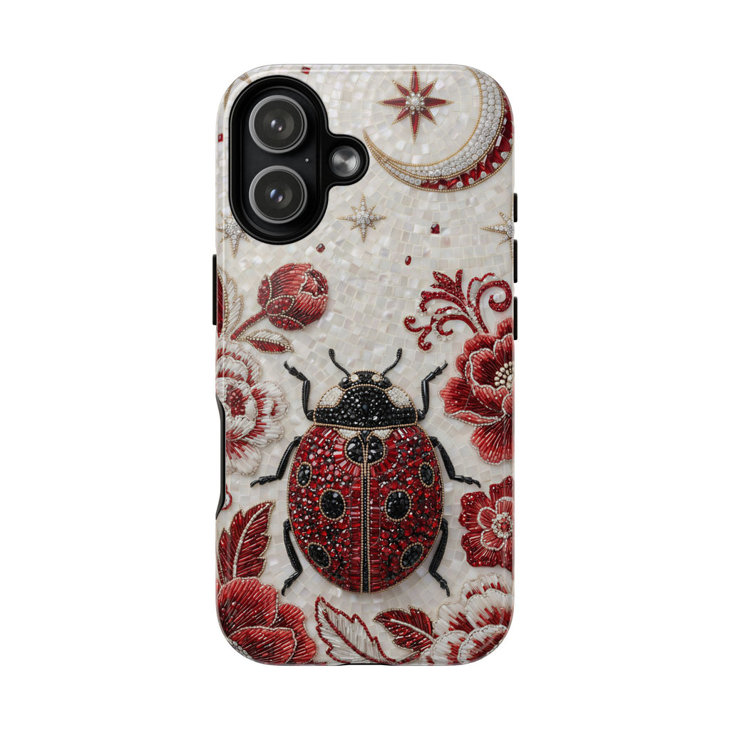 Cover MagSafe per iPhone con Fiori e Coccinella | Custodia Protettiva Rigida Vintage con Maggiolino Rosso