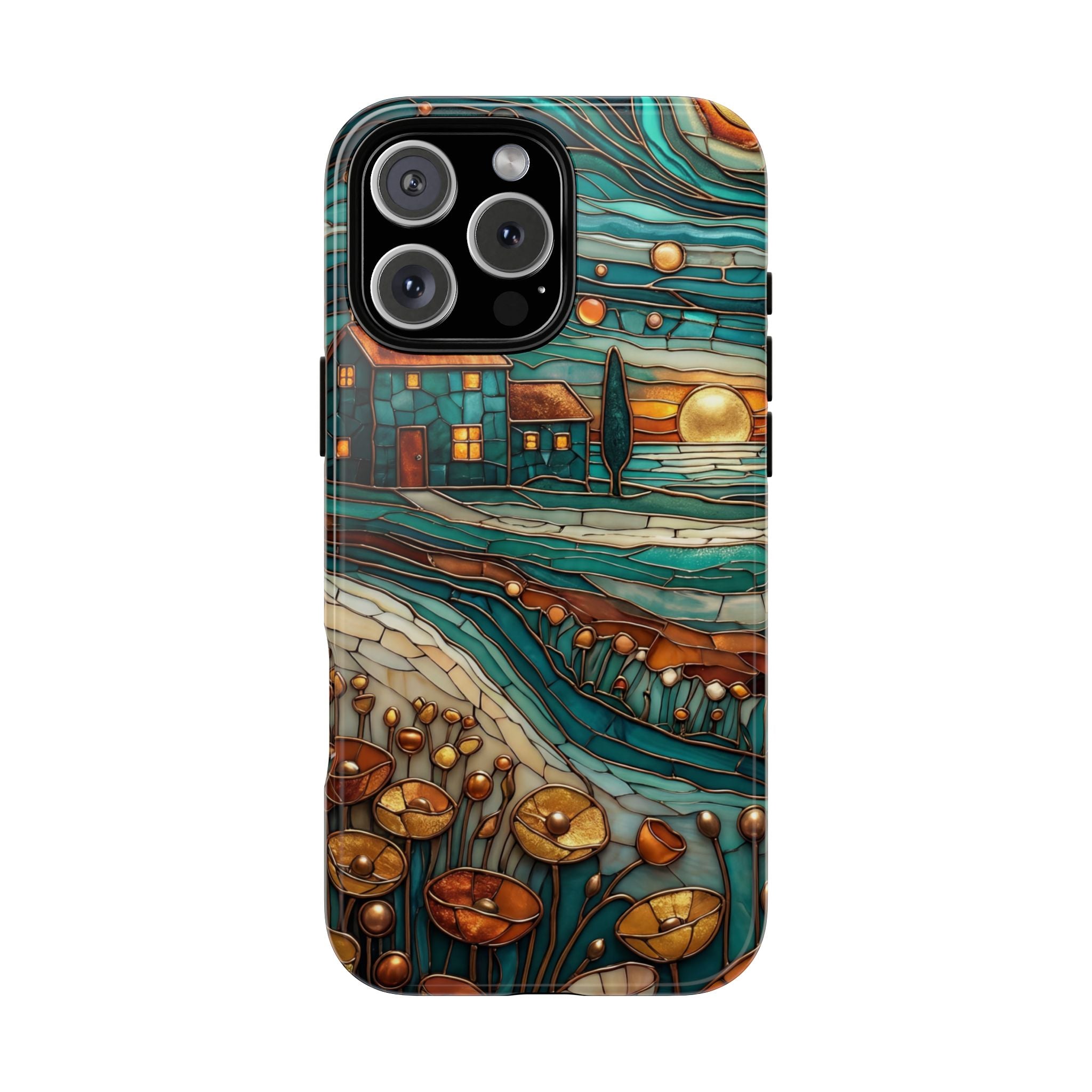 Artistic Sunset Cottage iPhone Case | Whimsical Floral Landscape Protective Cover