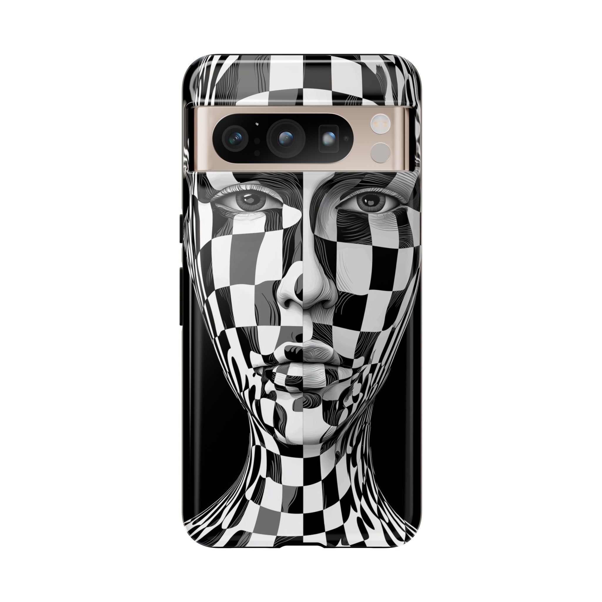 Checkerboard Face Tough Google Pixel Case — Black & White Surreal Art Protective Cover