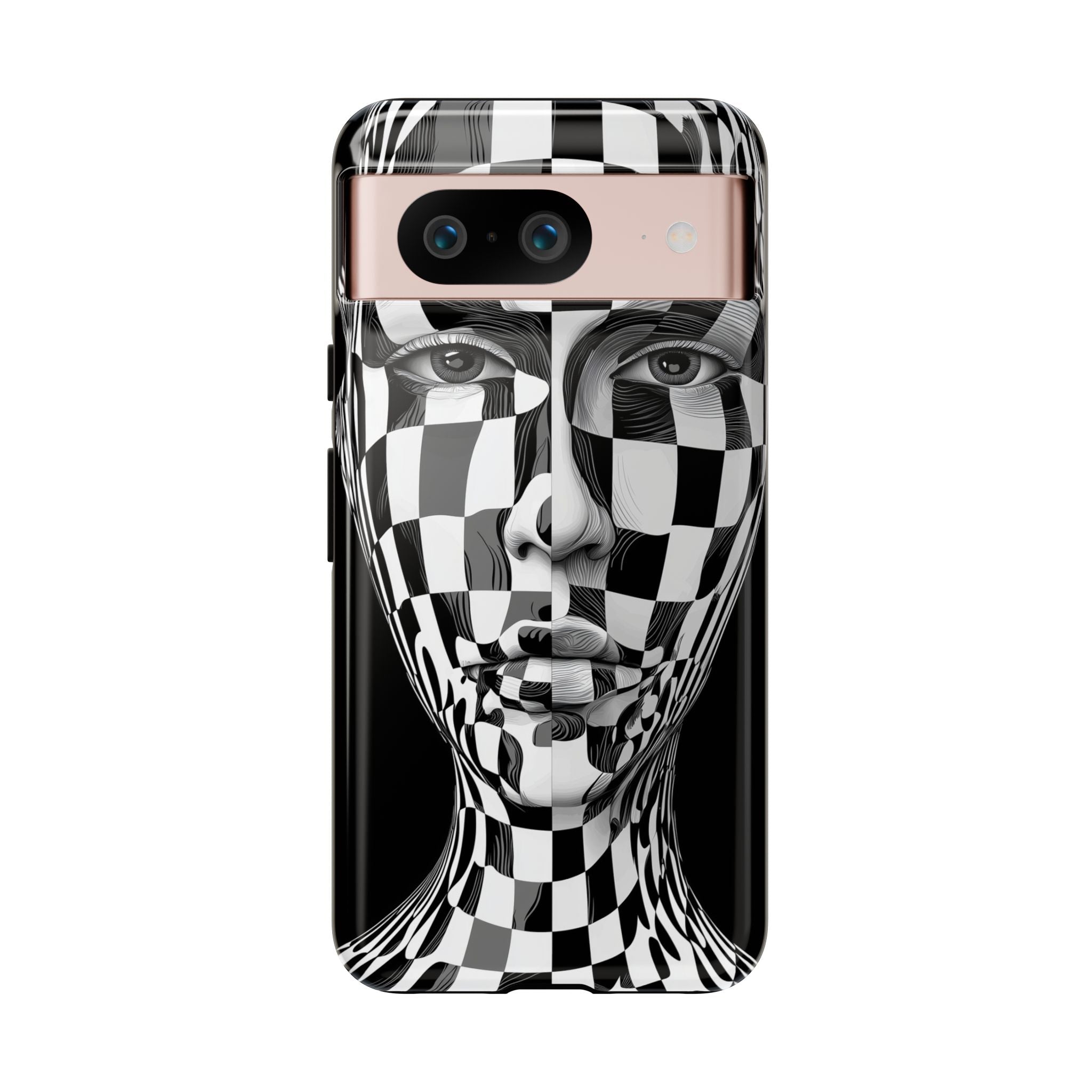 Checkerboard Face Tough Google Pixel Case — Black & White Surreal Art Protective Cover