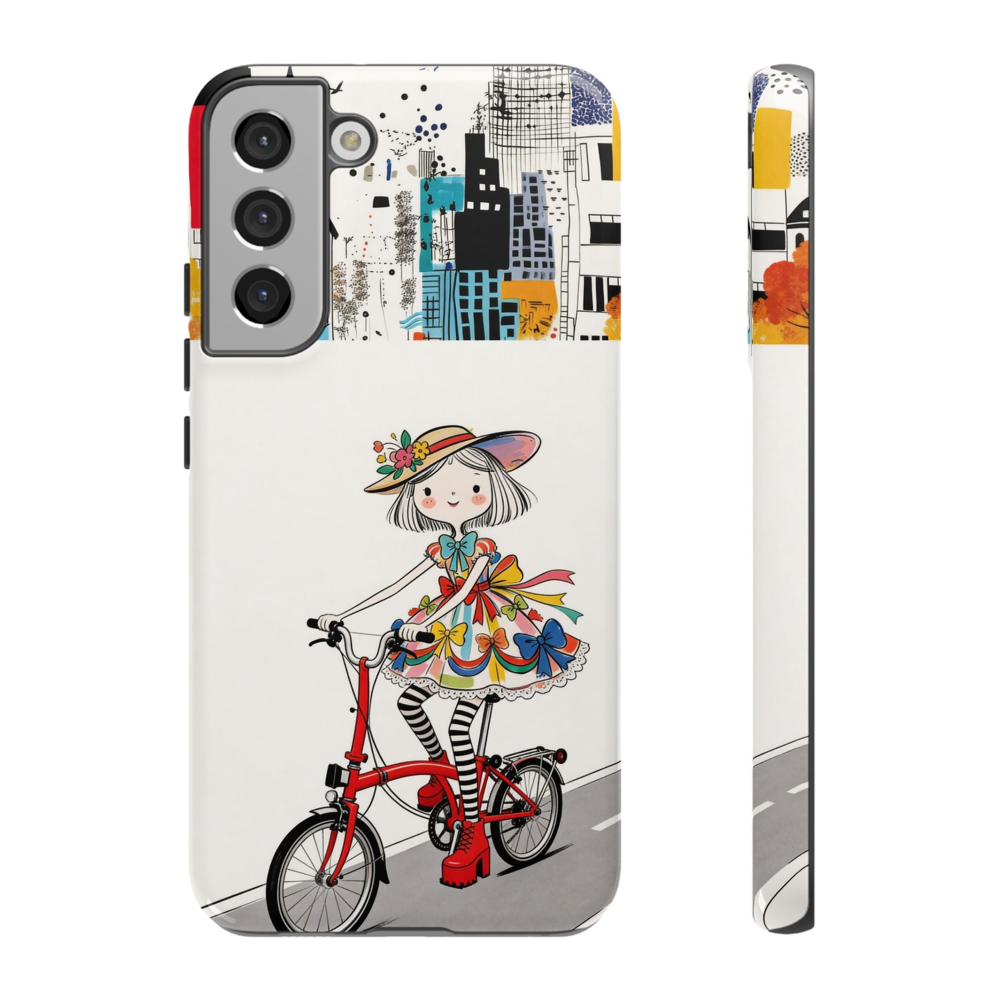 Whimsical Girl on Brompton Bicycle Urban Illustration Samsung Galaxy Phone Case