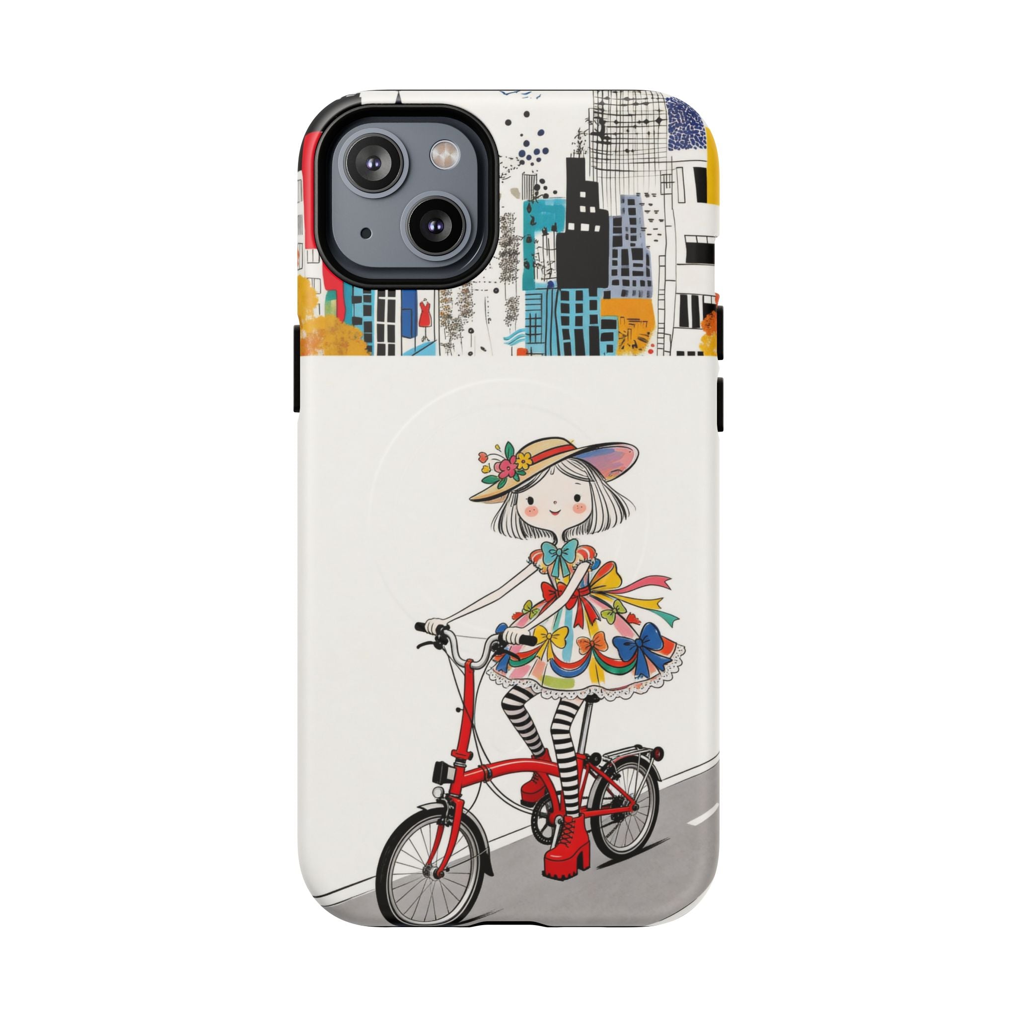 Whimsical Girl on Brompton Bicycle Urban Illustration MagSafe iPhone Case