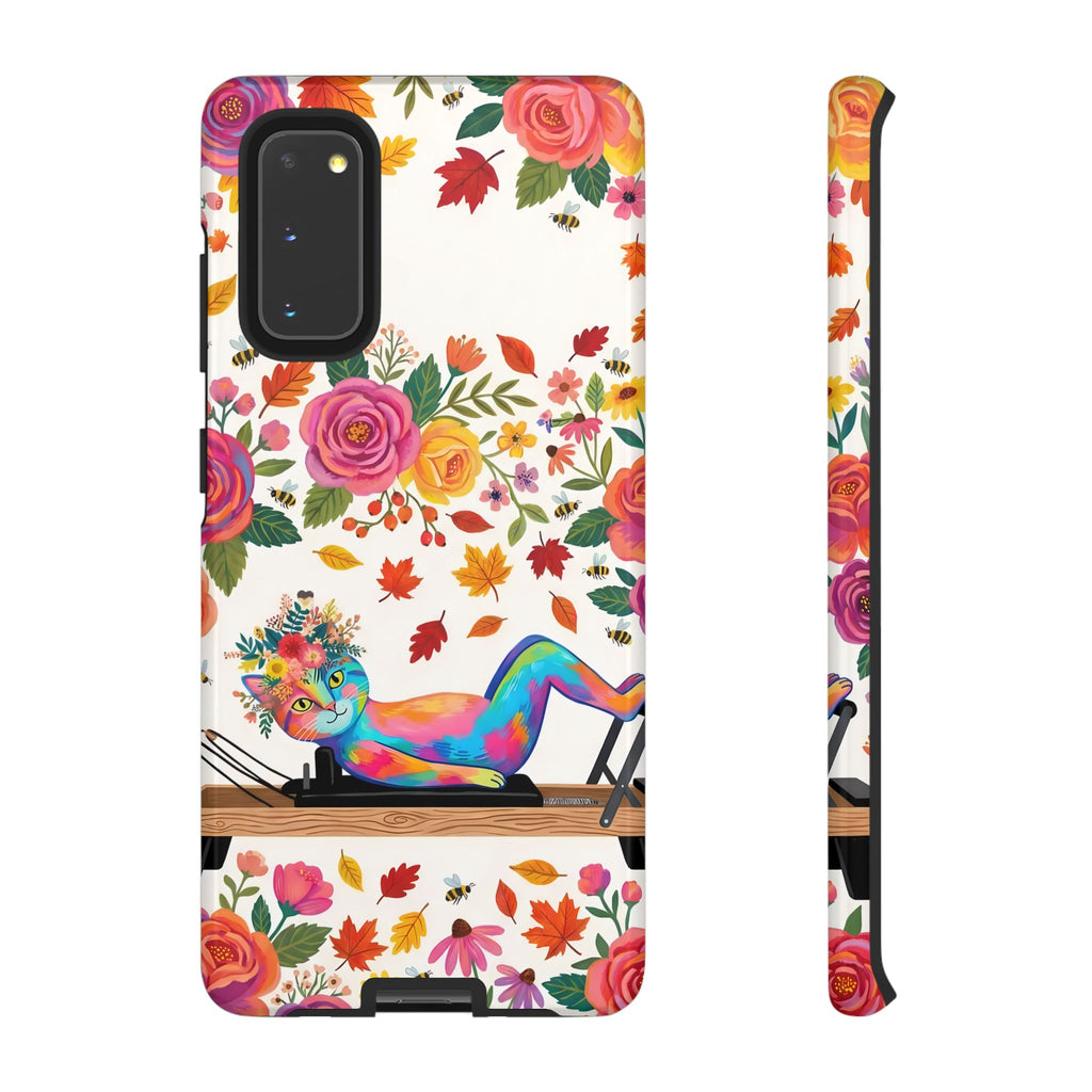 Autumn Floral Pilates Samsung Galaxy Phone Case | Colorful Rainbow Pilates Figure on Falling Leaves