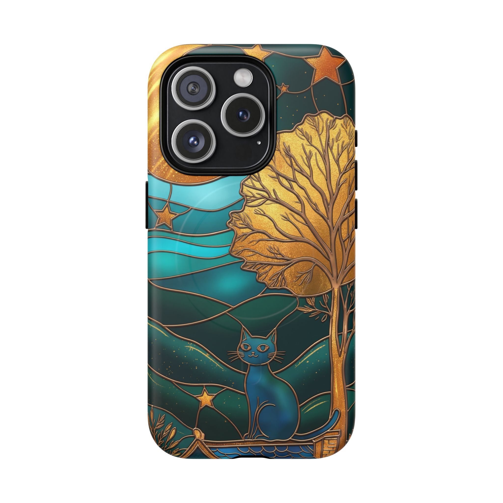 Art Nouveau Cat iPhone Case | Stained Glass Moon & Tree Tough MagSafe Case