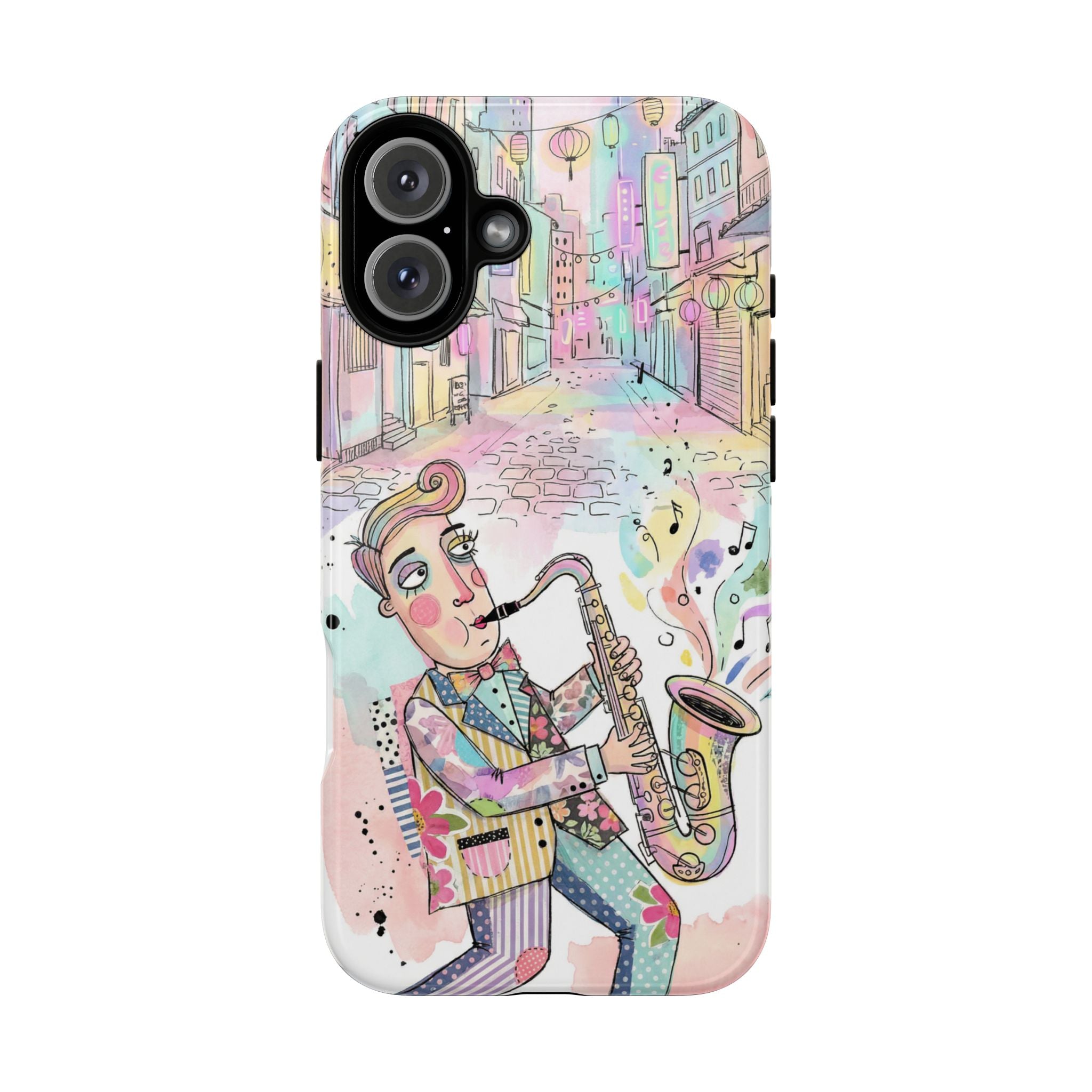 Sax Player Art iPhone Case | Pastel Jazz Street Illustration